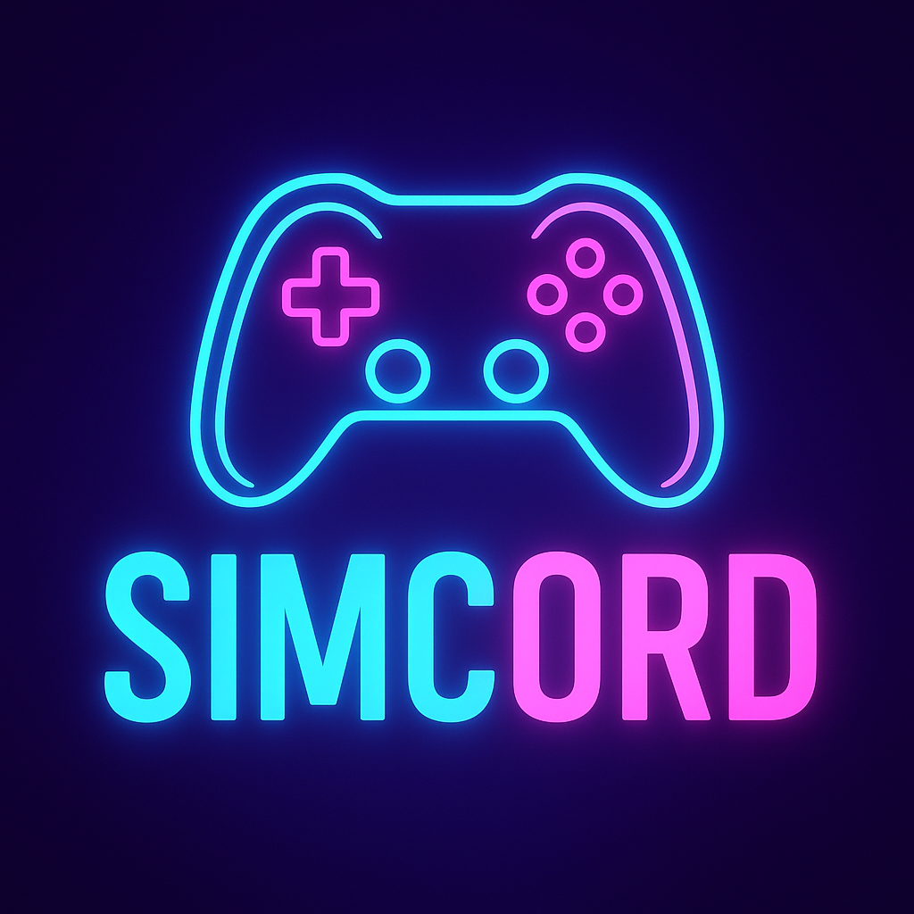 Neon sign with game controller outline and the word 'SIMCORD' beneath it, with 'SIM' in blue and 'CORD' in pink.