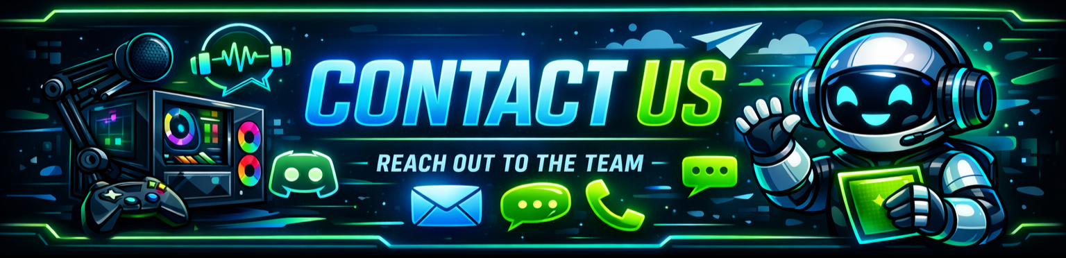 Digital graphic with neon-style elements including a robot wearing a headset, gaming console, microphone, game controller, and communication icons like email, chat, and phone, with the text 'Contact Us' and 'Reach Out to the Team'.