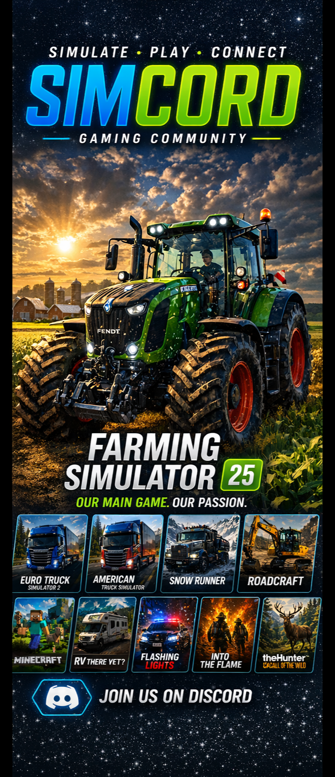 Promotional poster for Farming Simulator 25, featuring a large green tractor in a field during sunset, with game titles and icons at the bottom, and the text 'Simulate, Play, Connect' at the top.