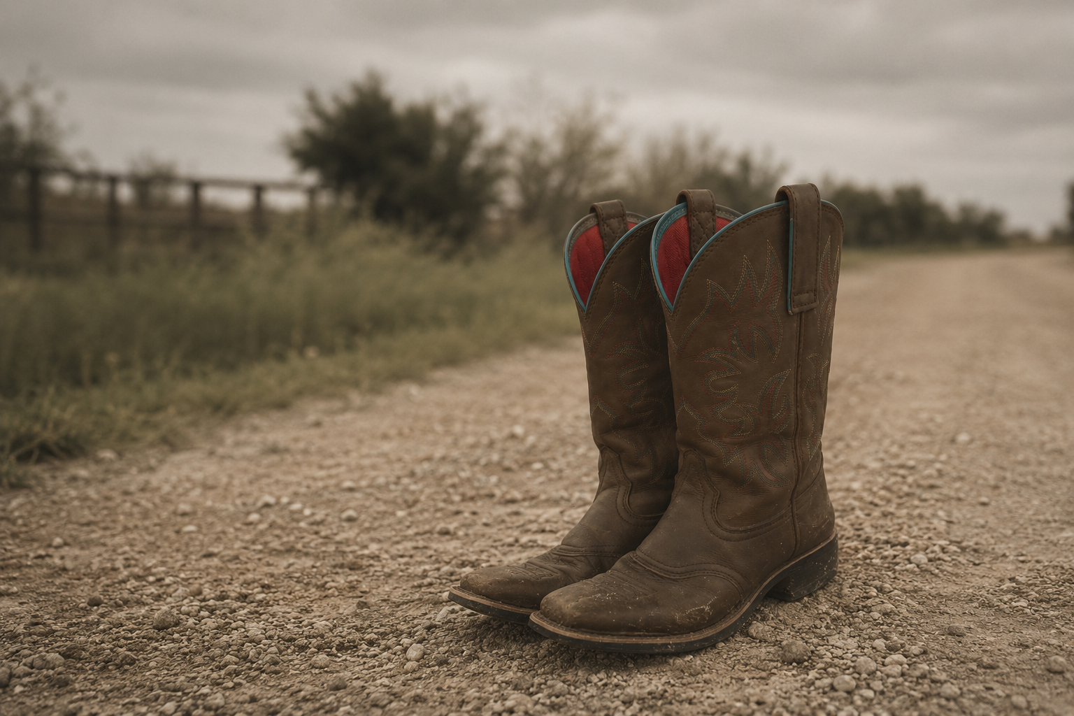 A pair of cowboy boots on a dirt road surrounded by grass and trees, under cloudy skies.