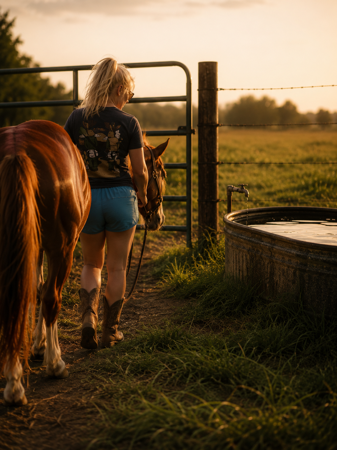 A woman with blonde hair in a ponytail, wearing sunglasses, cowboy boots, a dark graphic t-shirt, and blue shorts, stands beside a brown horse on a farm at sunset. She is holding the horse's reins and looking down at it near a gated entrance, with a water trough nearby and a green field in the background.