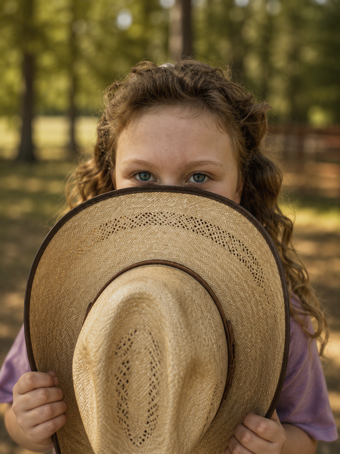 A young girl with curly hair and blue eyes holding a straw hat up to her face, standing outdoors in a wooded area.