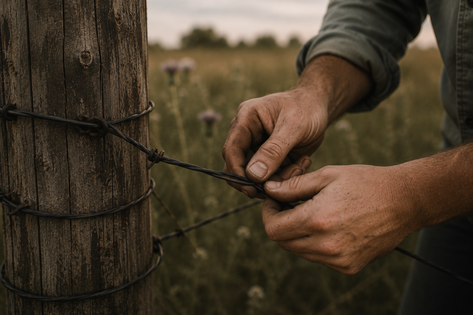 Person attaching barbed wire to a wooden fence post in a field.
