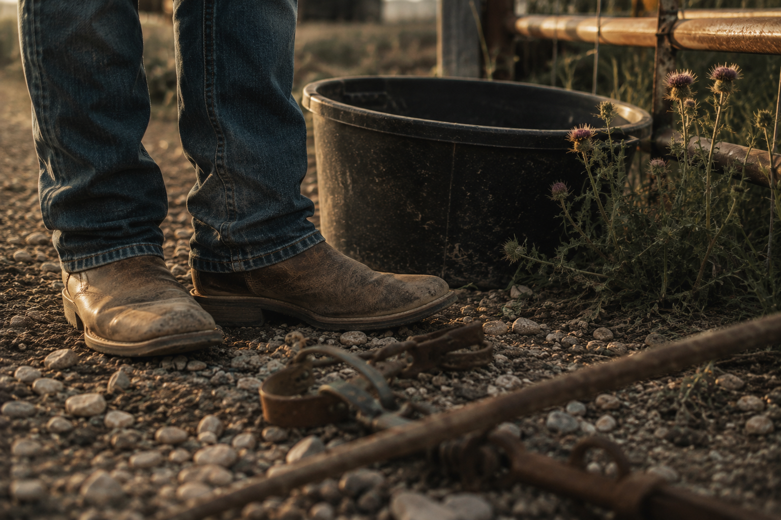 Close-up of a person's boots and jeans next to a black bucket and flowering plants on a gravel ground at sunset.