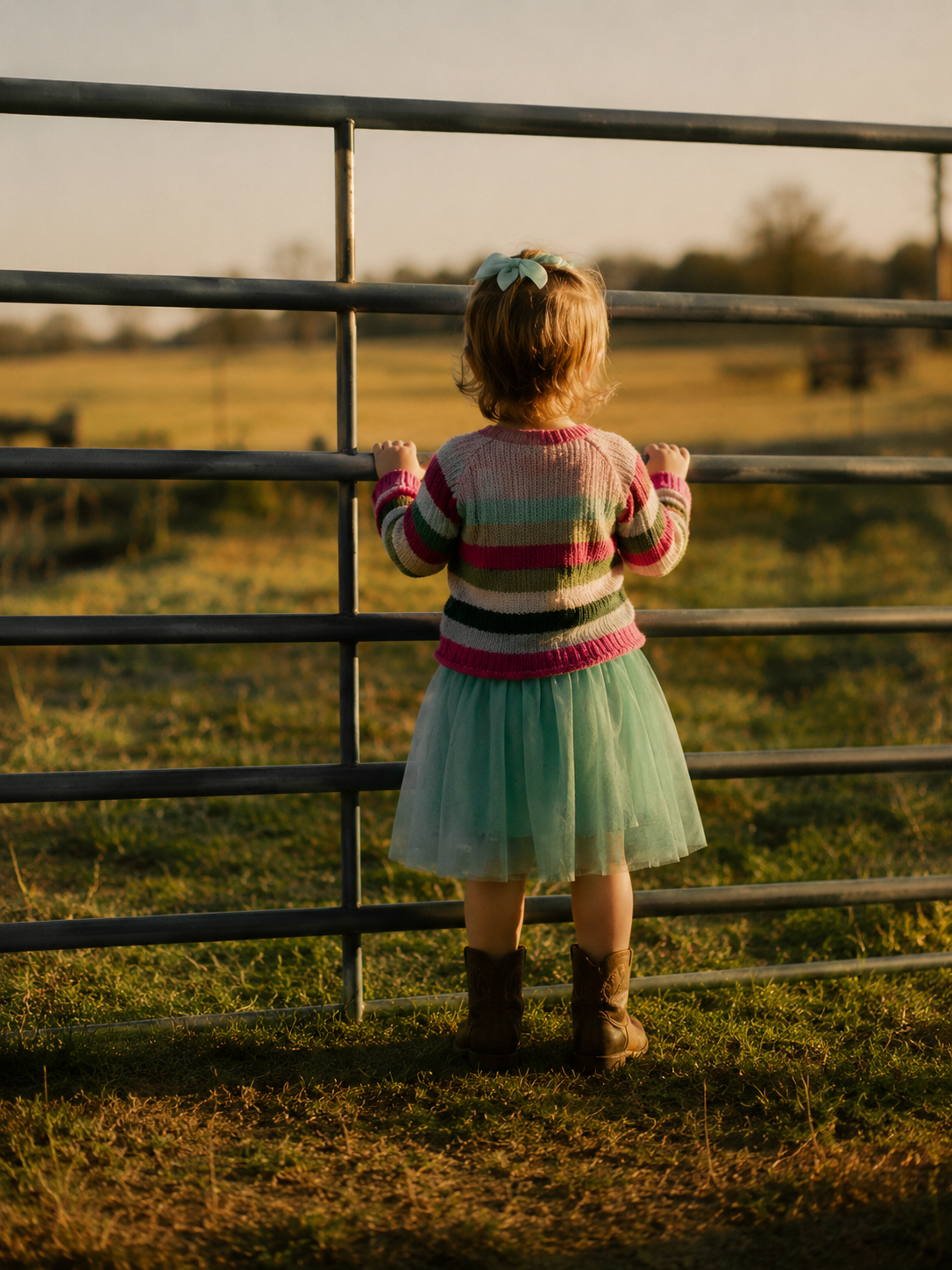 A young girl with a bow in her hair, wearing a colorful striped sweater, a tulle skirt, and cowboy boots, stands facing a metal fence and looks out at a green field during sunset.