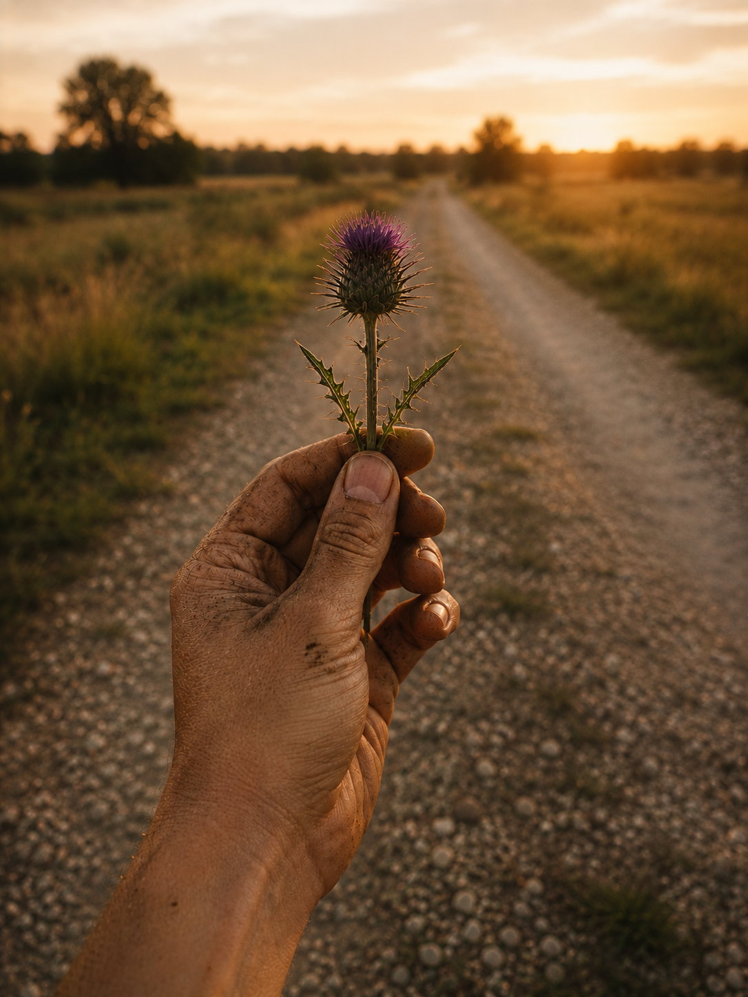 Close-up of a hand holding a thistle flower with purple petals on a dirt path during sunset in a rural field.