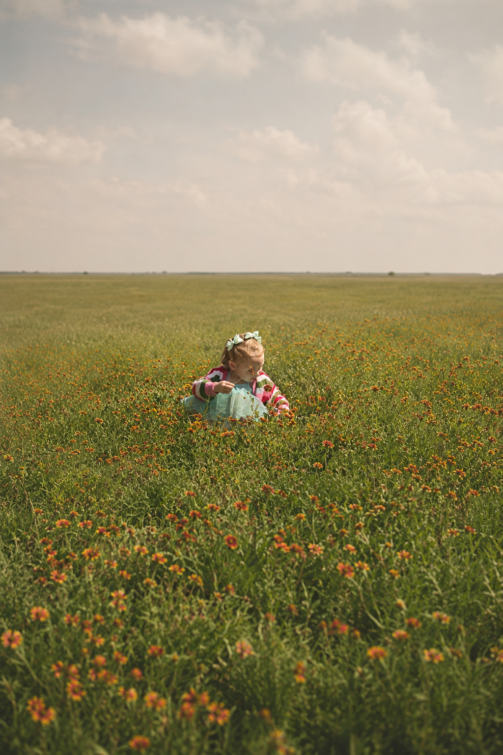 A young girl sitting in a field of small yellow and red flowers, holding and examining a flower, with an expansive cloudy sky above.
