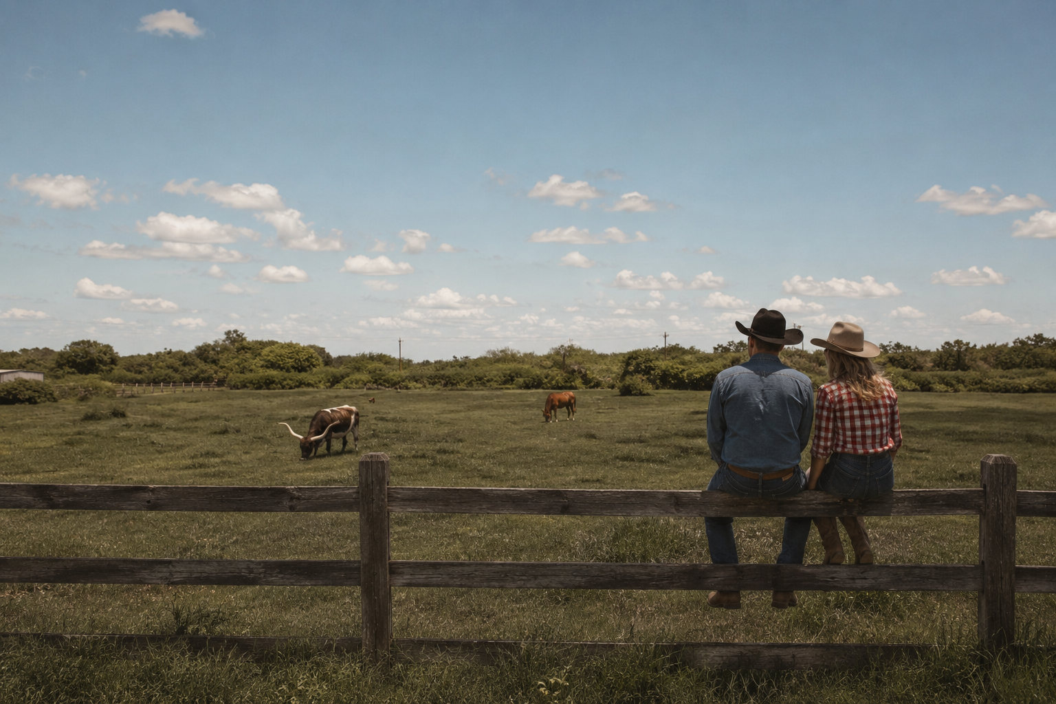 A couple sitting on a wooden fence, watching cows graze in a green pasture under a blue sky with scattered clouds.