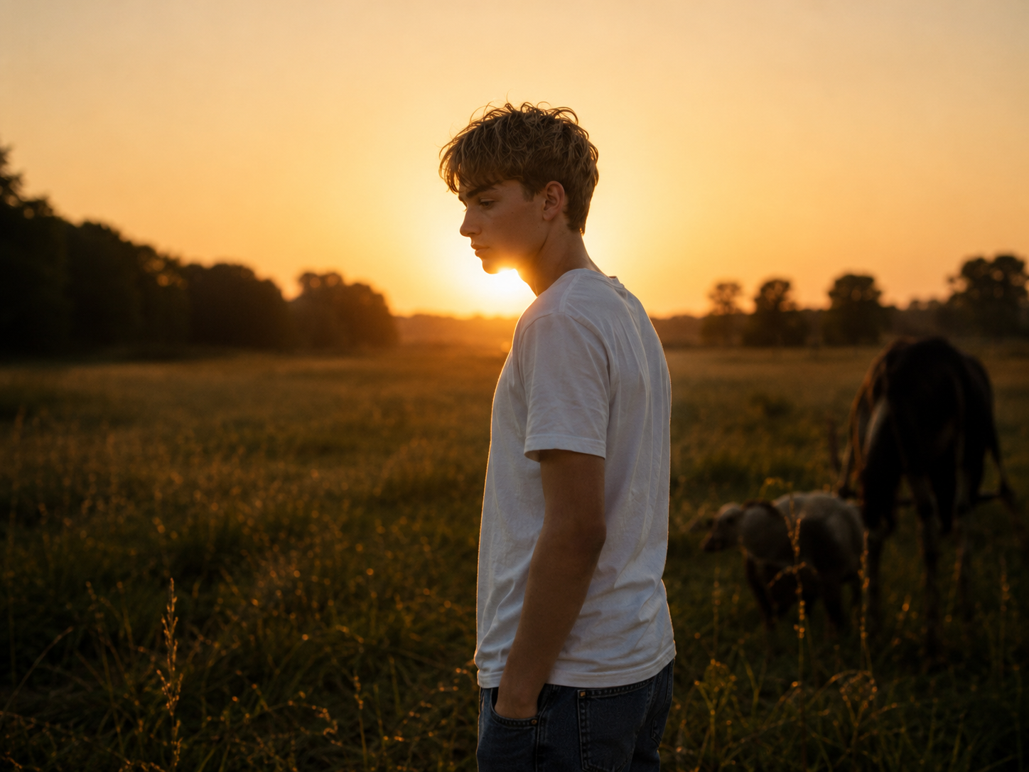 A young man with curly hair wearing a white t-shirt standing in a grassy field at sunset, with horses grazing in the background.