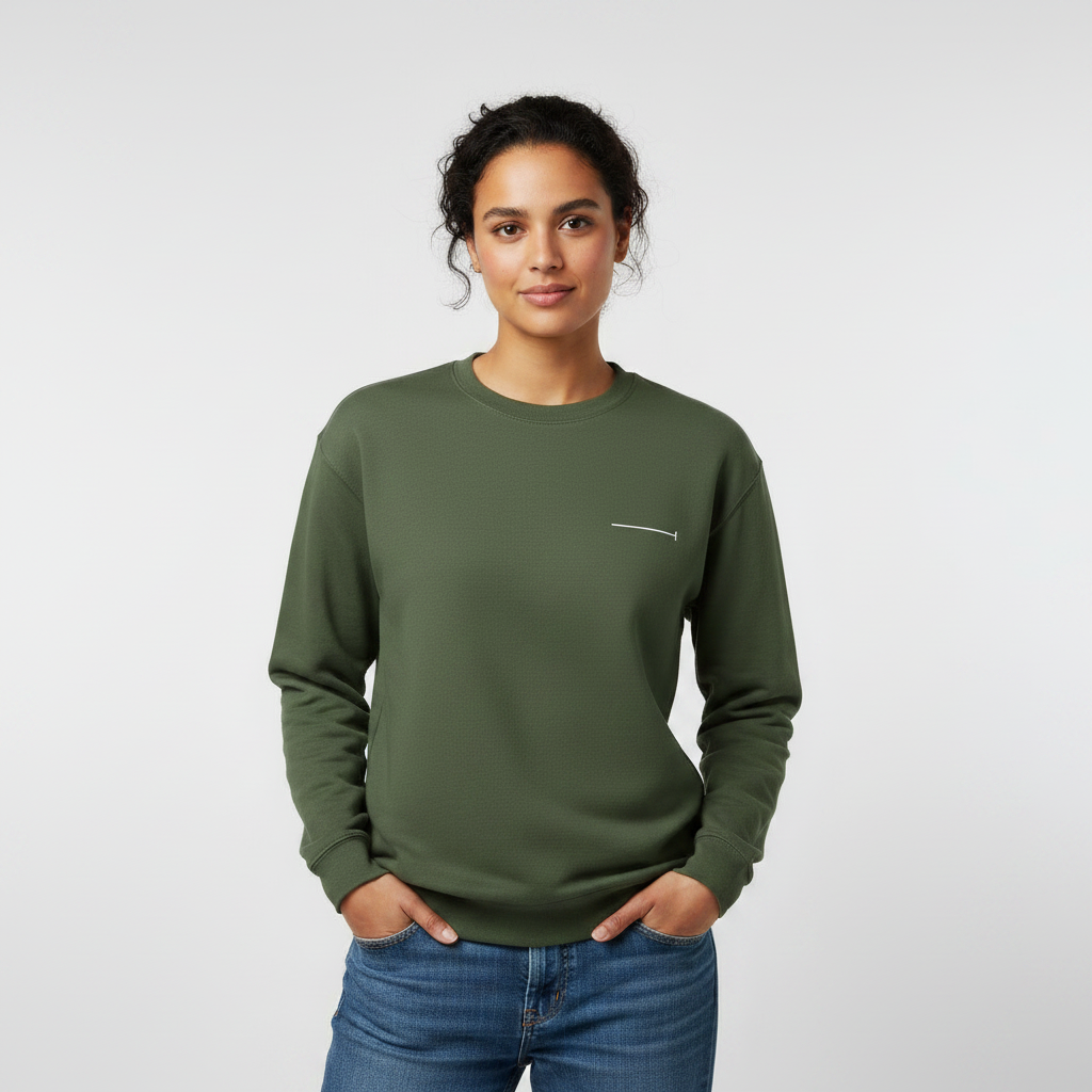 Military green sweatshirt on female model.png