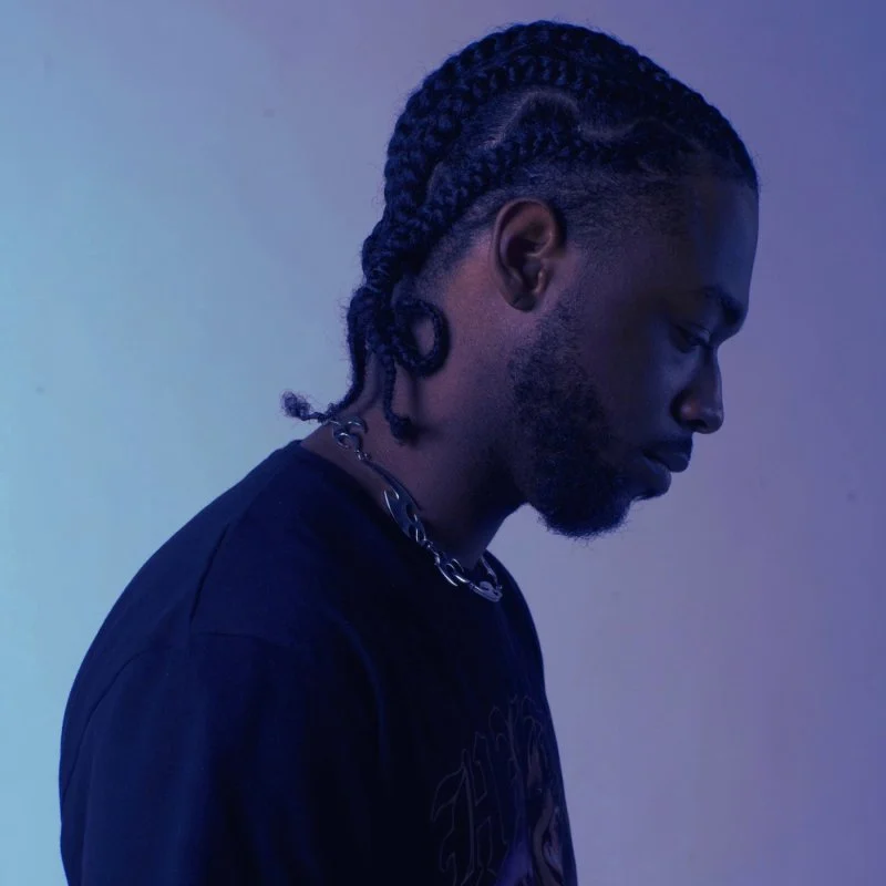 Profile of a young man with braided hair and a beard, wearing a dark T-shirt and a chain necklace, looking downward against a blue-toned background.