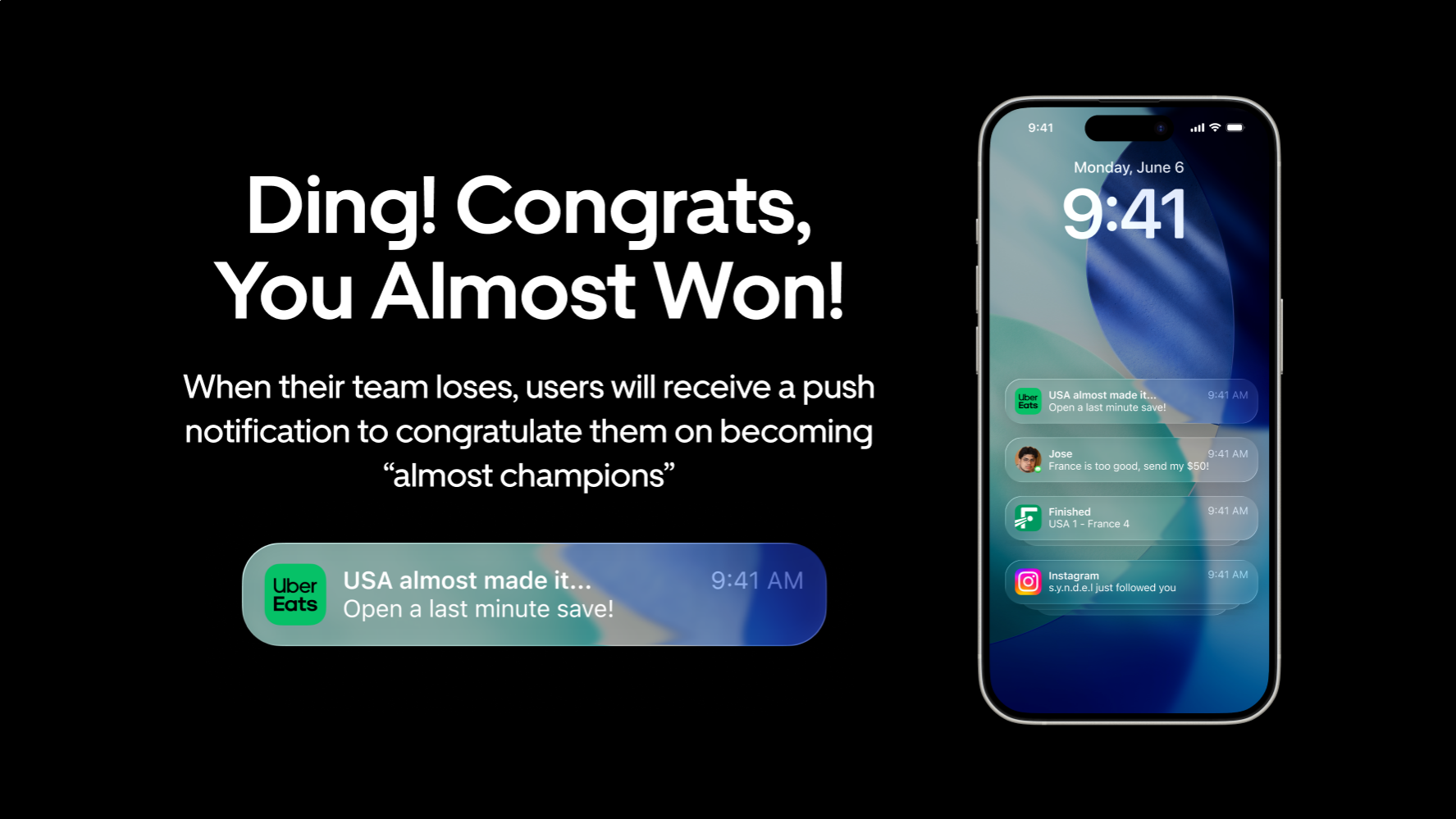Promotion for a mobile app feature that notifies users when their team loses, congratulating them when they almost win, with examples of notifications on a smartphone screen.