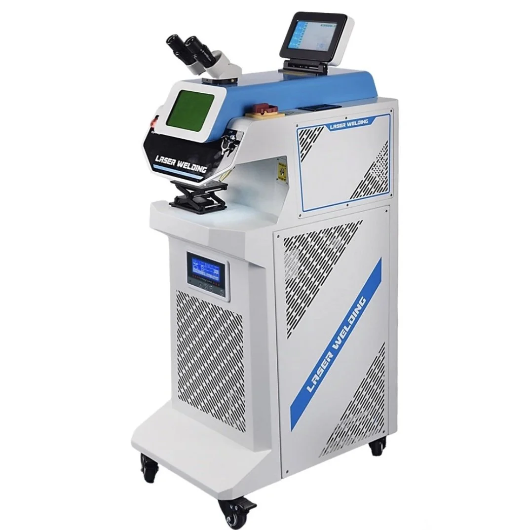 A laser welding machine with a digital display, control panel, and microscope attached for precision welding, labeled 'Laser Welding' in blue and white.
