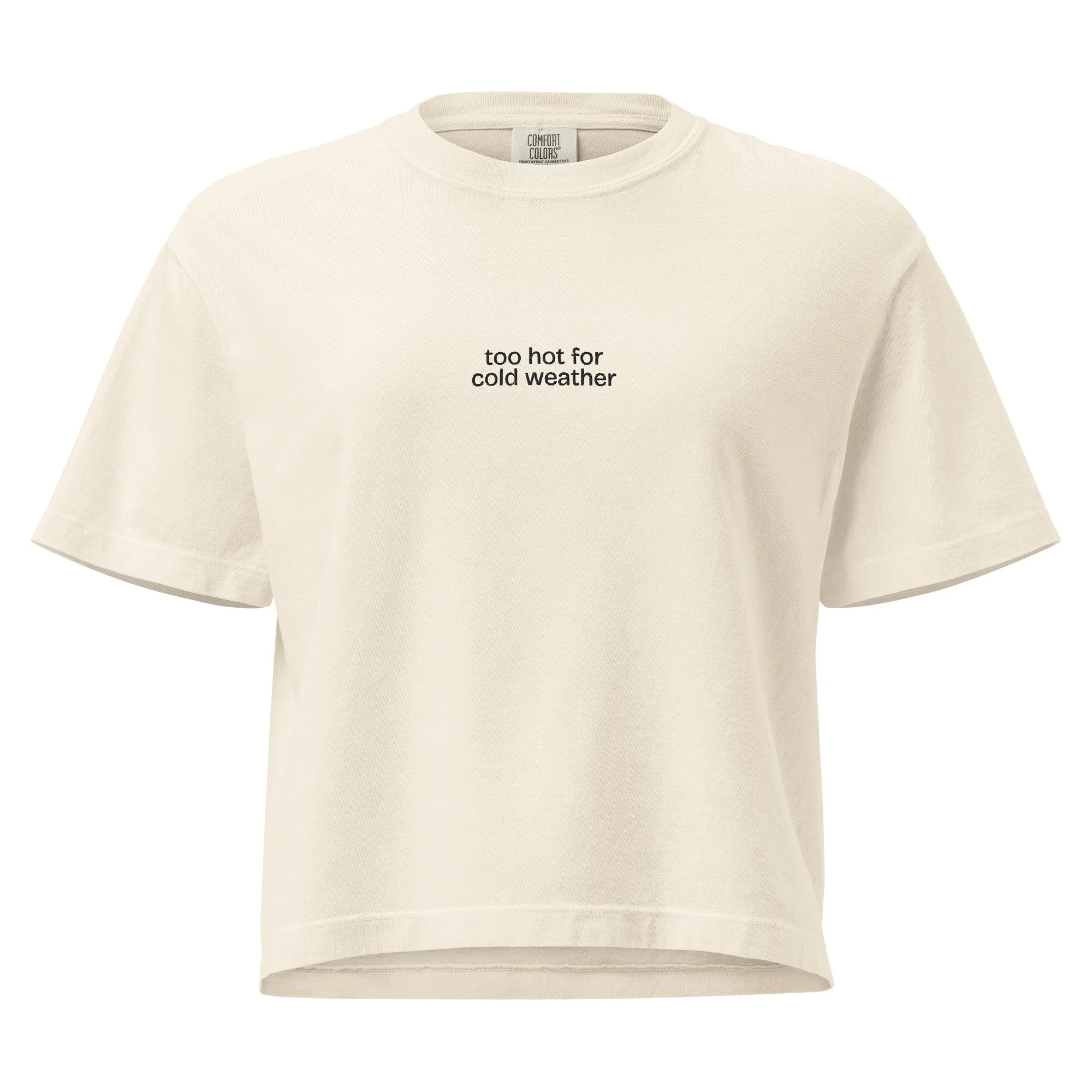 "too hot for cold weather" embroidered boxy tee