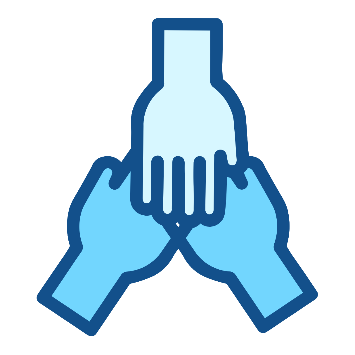 Three cartoon hands overlapping, symbolizing teamwork or partnership, in shades of blue.