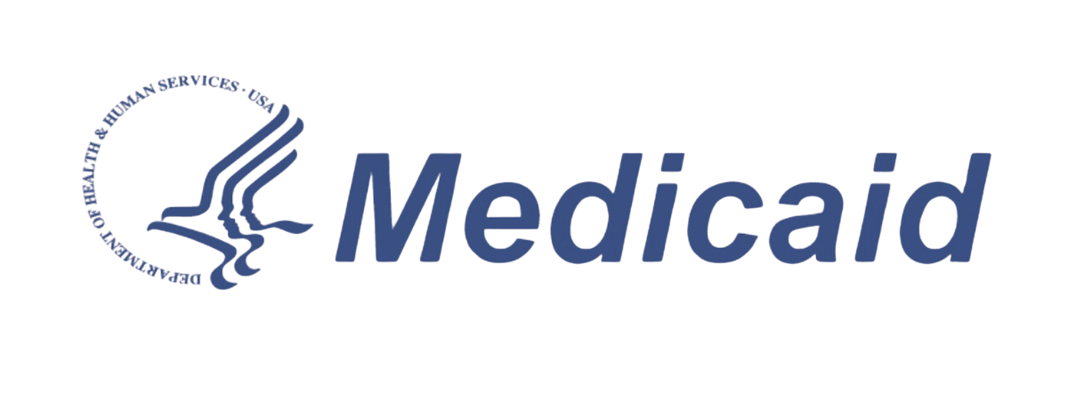 Medicaid logo featuring a stylized profile of a face with lines representing a hand, and the word 'Medicaid' in blue text.