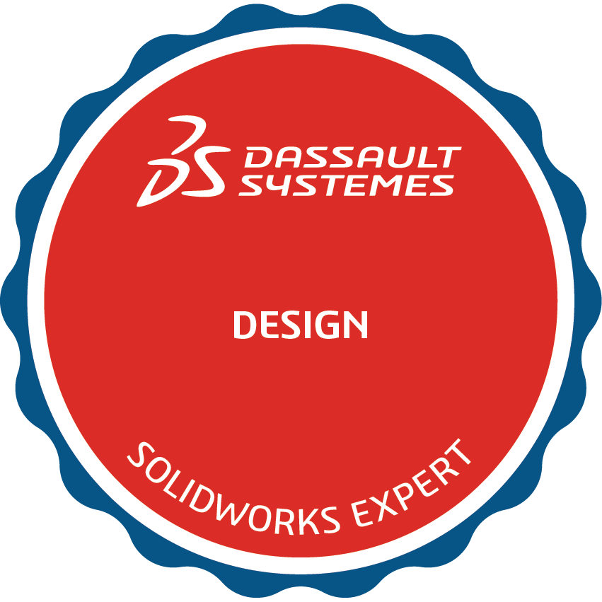 A badge with a scalloped blue border, white inner border, red center, and white text. It features the Dassault Systèmes logo at the top, the word "DESIGN" in the middle, and the phrase "SOLIDWORKS EXPERT" at the bottom.