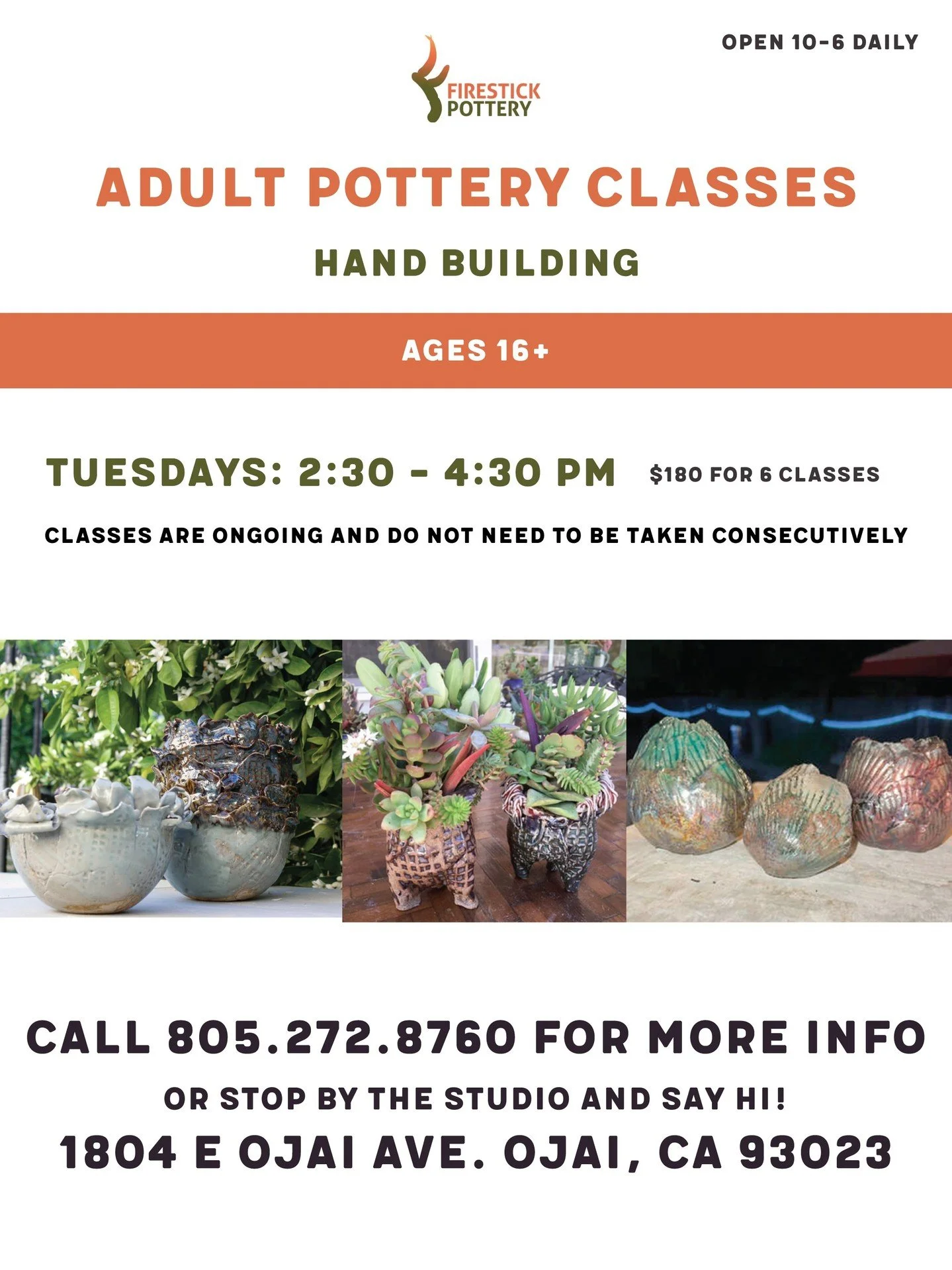 We don't just do kids classes! Our Tuesday afternoon hand building class is adults (16+) only and a great way to learn a new craft, rediscover a love of clay or just come and have fun with a great group of folks!

Everyday Tuesday 2:30-4:30 PM

Cost 