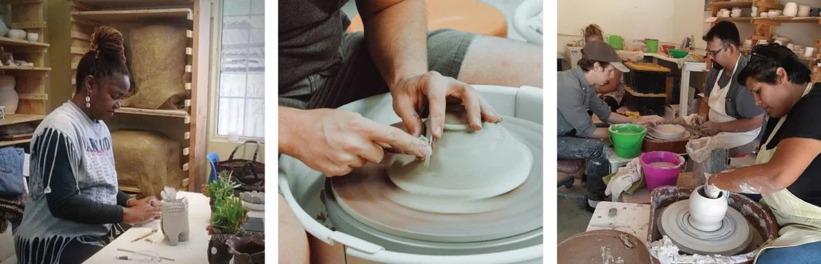 People working on pottery projects in a ceramics studio, shaping clay on pottery wheels.