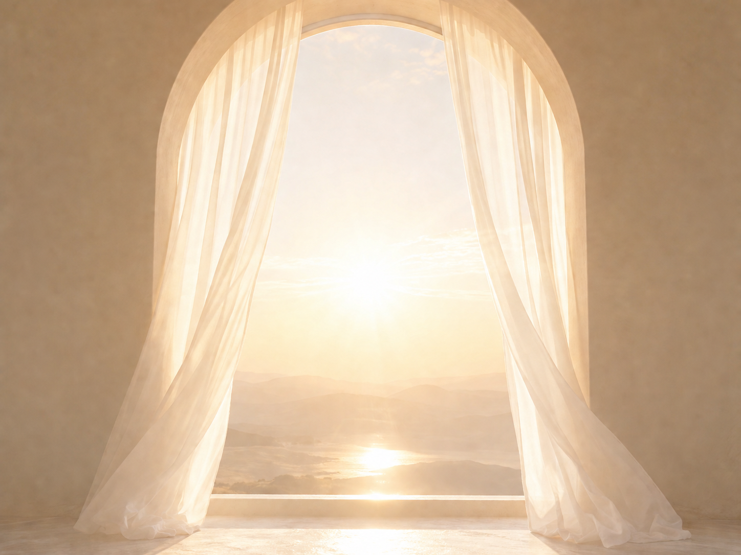 A luminous doorway opening toward a peaceful sunrise