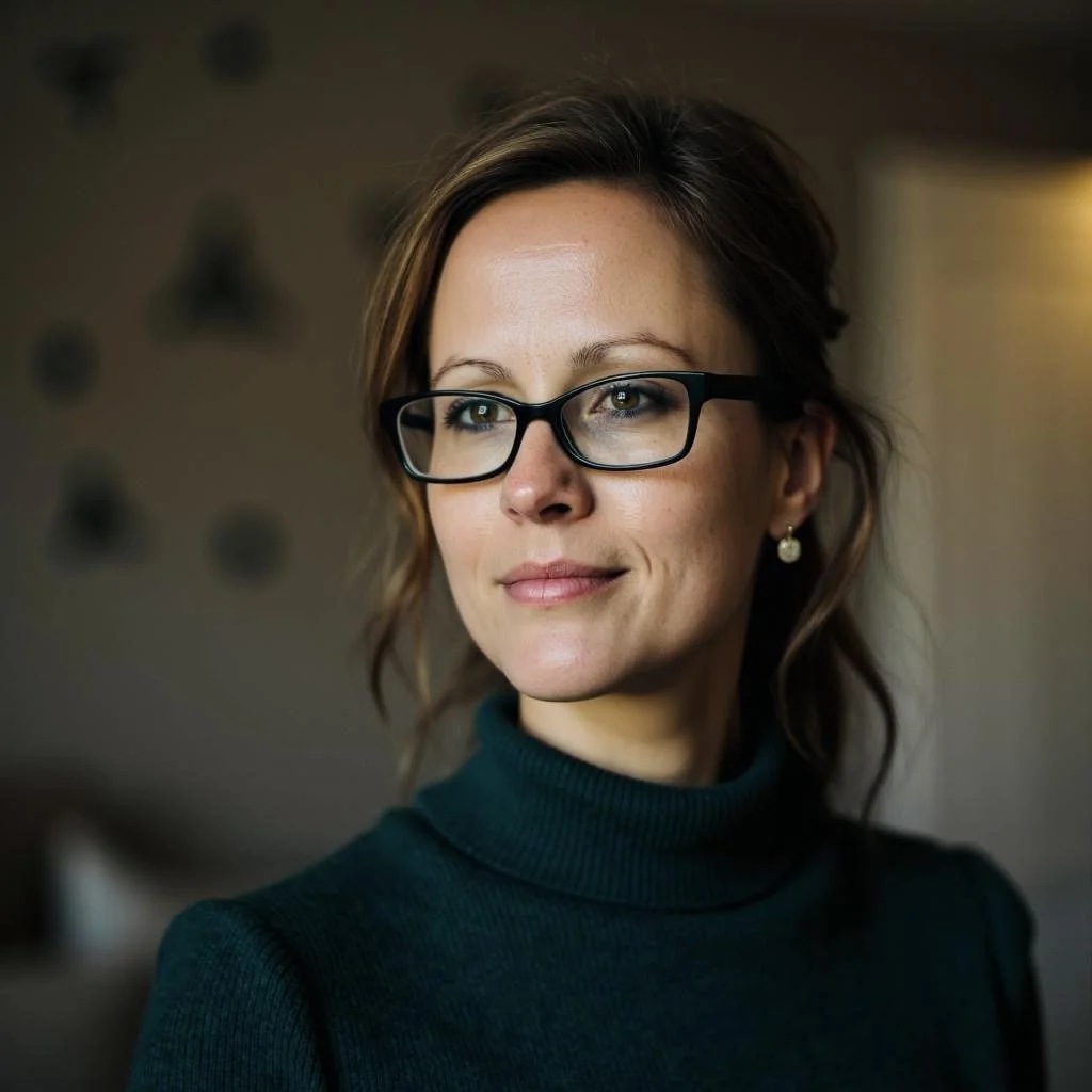 A woman with shoulder-length brown hair, wearing black glasses and a dark teal turtleneck, looking slightly to the side with a soft smile.