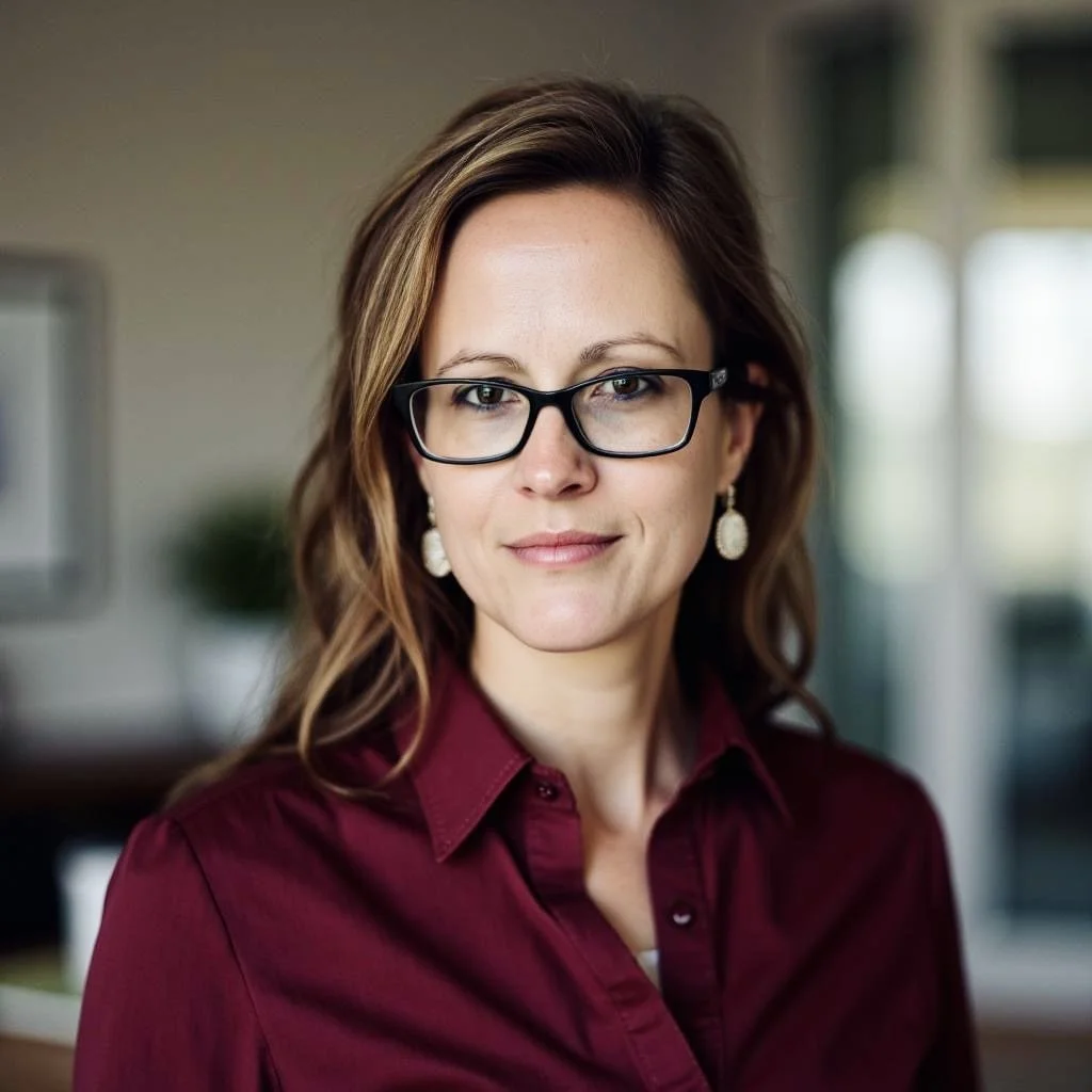 A woman with shoulder-length brown hair, glasses, and earrings, wearing a maroon shirt, standing indoors with a blurred background.