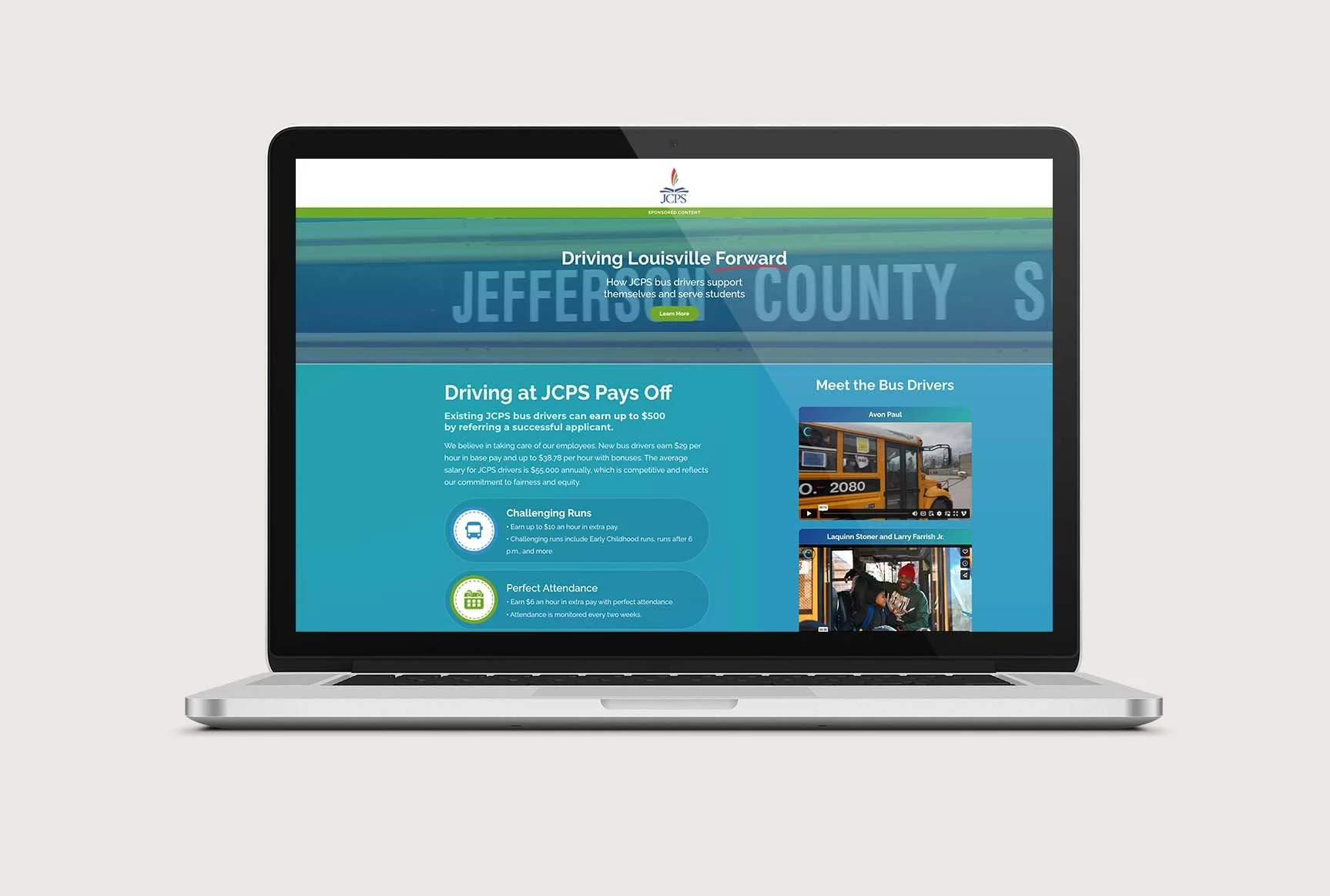 website mockup image of landing page for Jefferson County Public Schools JCPS workforce bus driver recruitment site