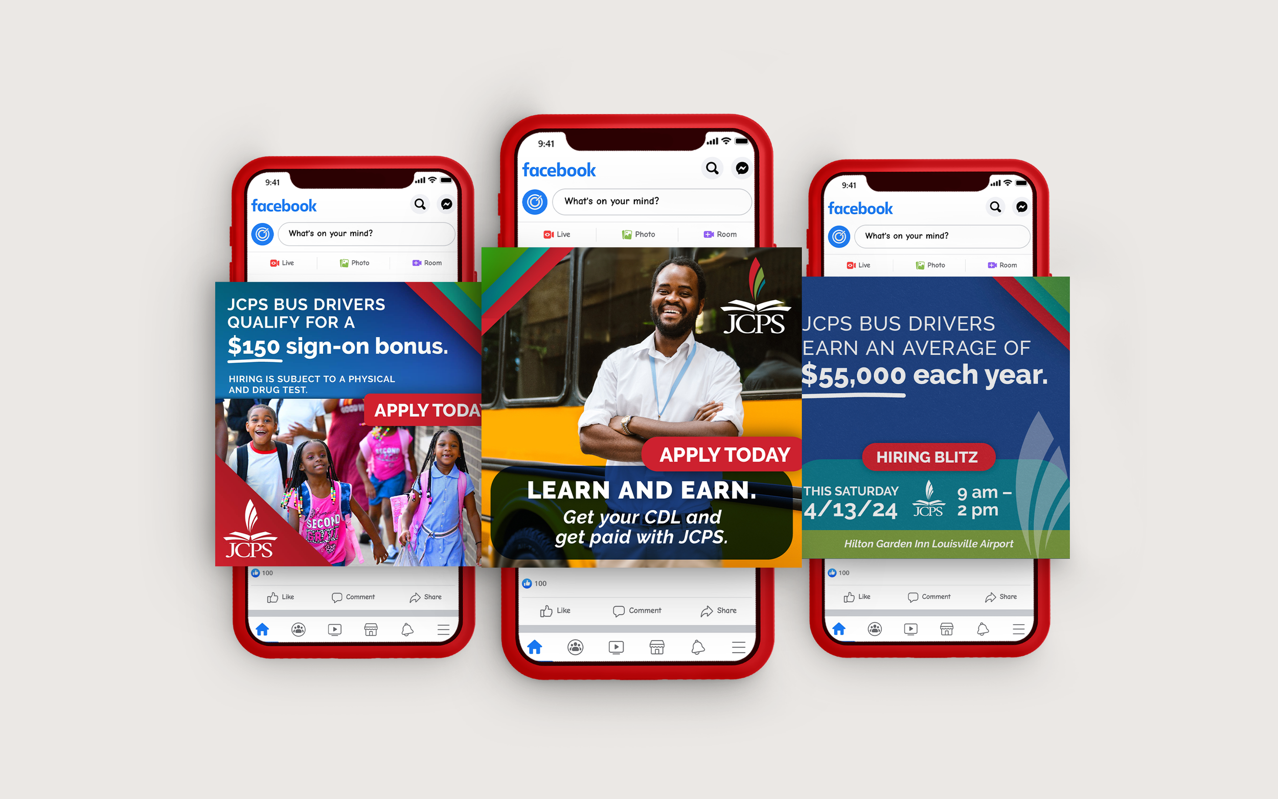 iphones with facebook images of ads for Jefferson County Public Schools JCPS workforce bus driver recruitment campaign