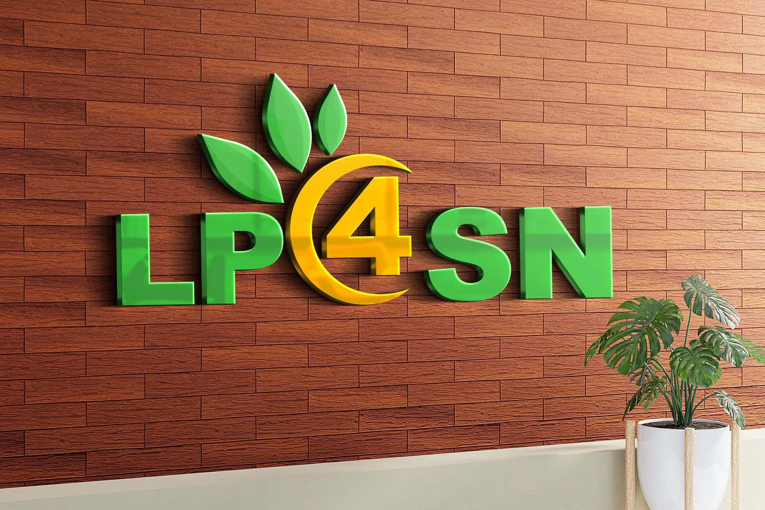 3D sign on a brick wall that reads 'LP4SIN' with a stylized yellow '4' and a green leafy design above the text. There is a potted plant with large green leaves in the foreground to the right.