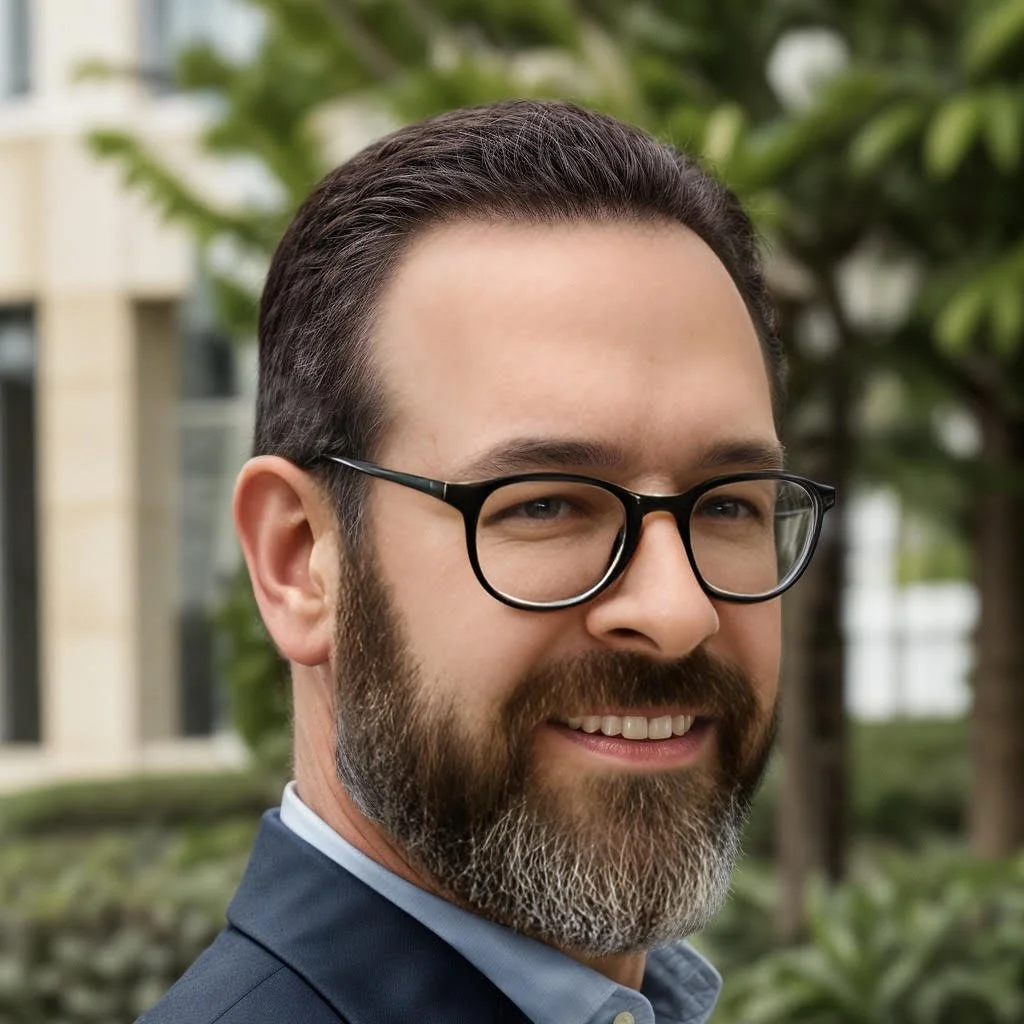 A close-up portrait of a man with dark hair, a full beard with gray, wearing glasses, smiling, outdoors with trees and a building in the background.