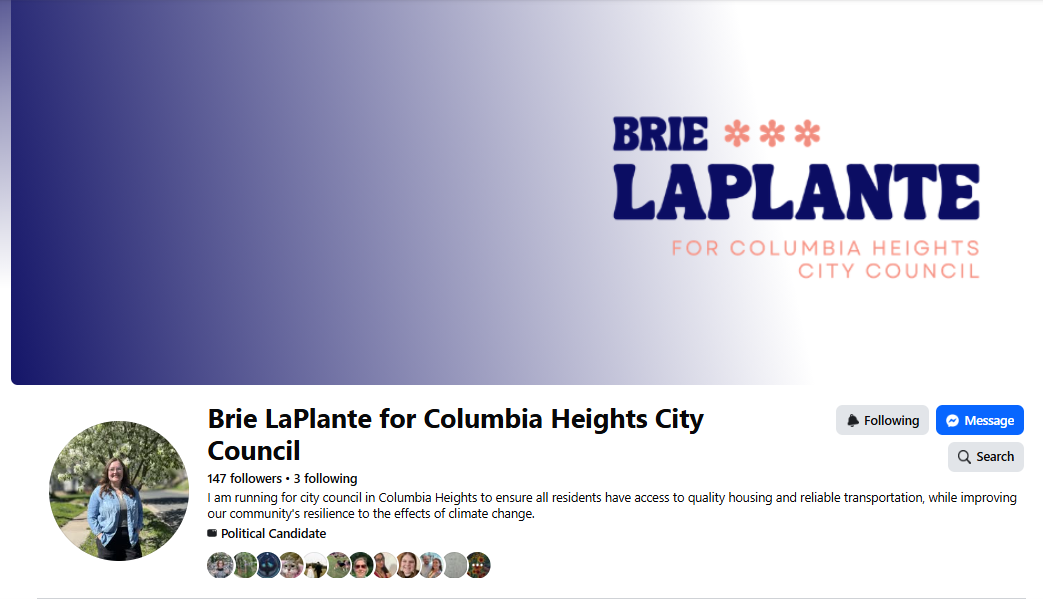 Campaign flyer for Brie LaPlante running for Columbia Heights City Council, featuring her name, campaign colors, and the slogan 'For Columbia Heights City Council.'