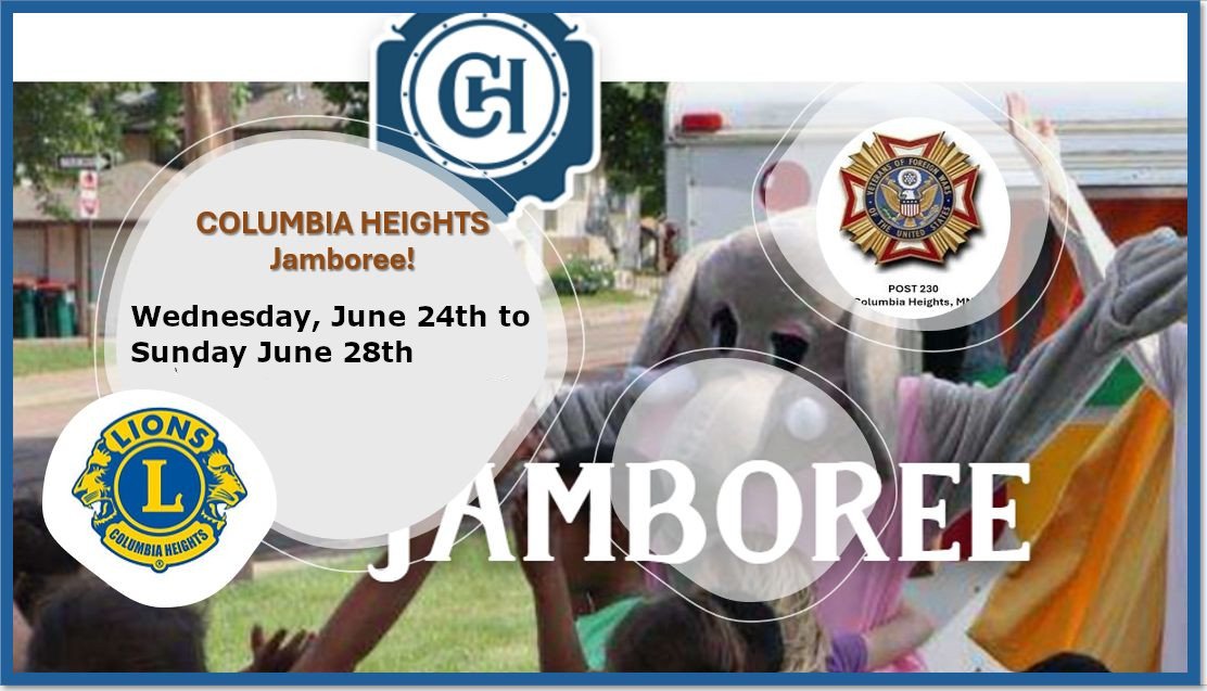 Flyer for Columbia Heights Jamboree featuring kid in bunny costume at parade with logos of Lions Club, fire department, and a blue emblem, information about event dates June 24-28.