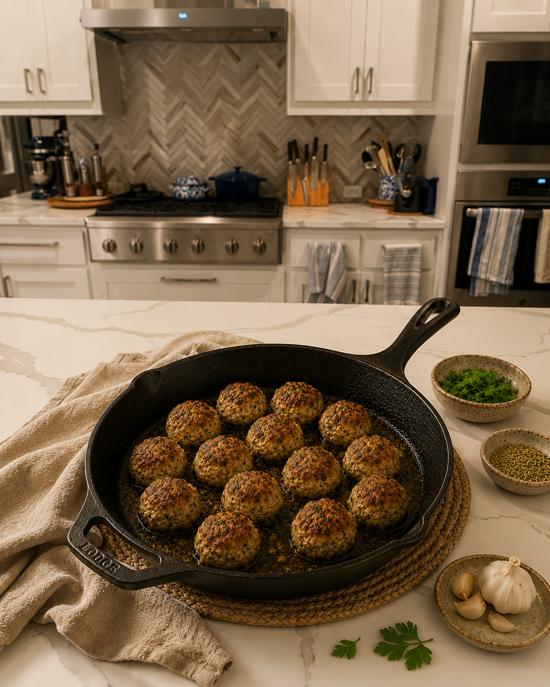 High-protein cirrhosis-friendly poultry meatballs searing to a golden-brown crust in a hot cast-iron skillet, demonstrating Angie's signature "Bam It Up" cooking style.