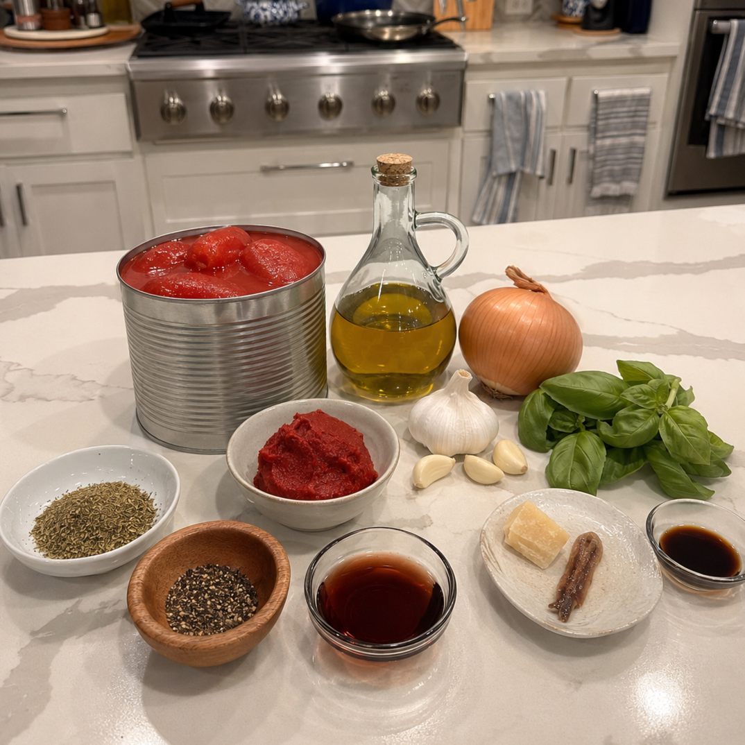 Fresh ingredients for Angie's low-sodium cirrhosis-safe marinara sauce from the @diagnosis_cirrhosis page, featuring canned San Marzano tomatoes, paste, garlic, onion, and a Parmesan cheese rind.