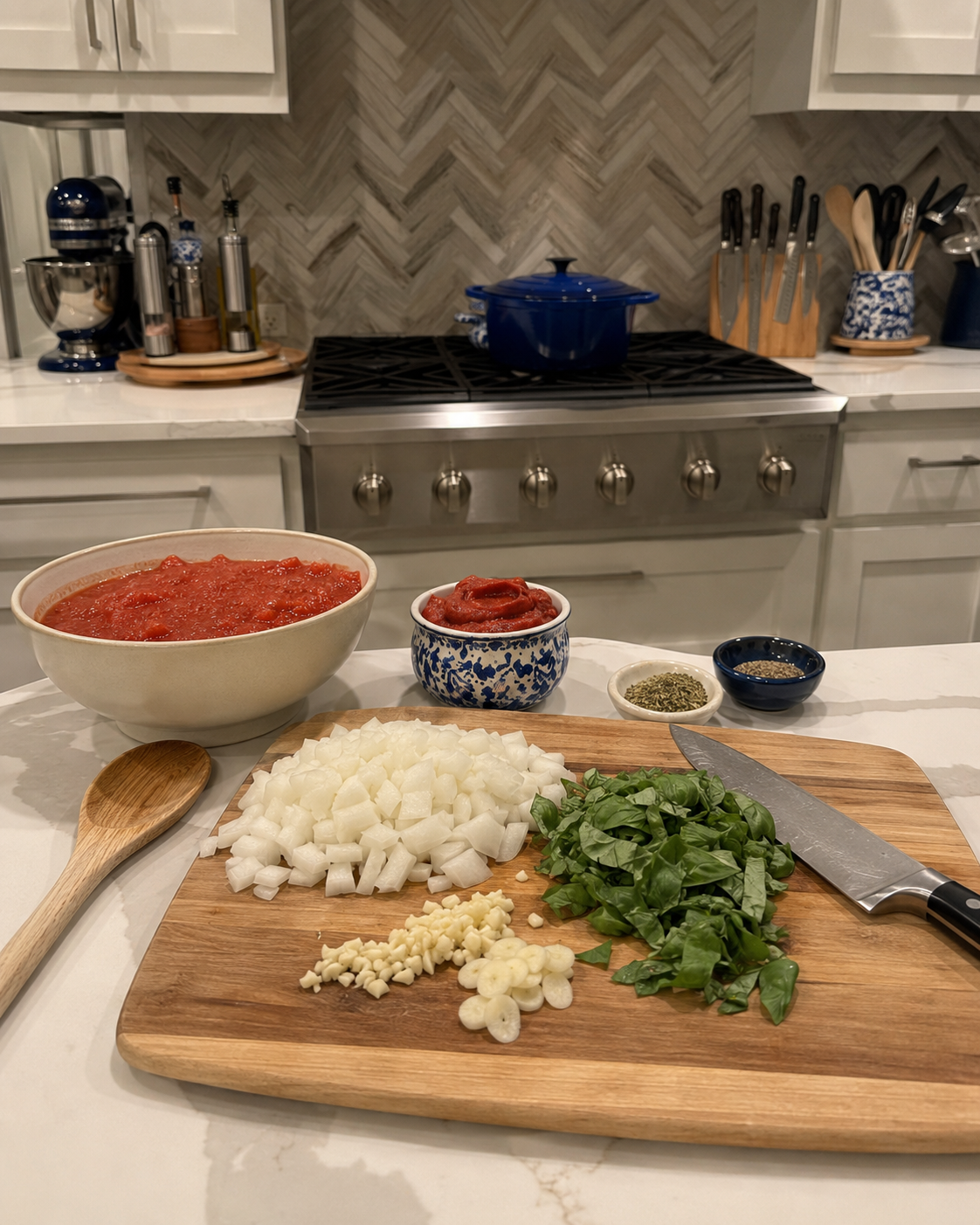 Slicing fresh garlic cloves and dicing sweet onions on a kitchen cutting board, prepping the aromatic flavor foundation for Angie's low-sodium cirrhosis-safe marinara sauce.