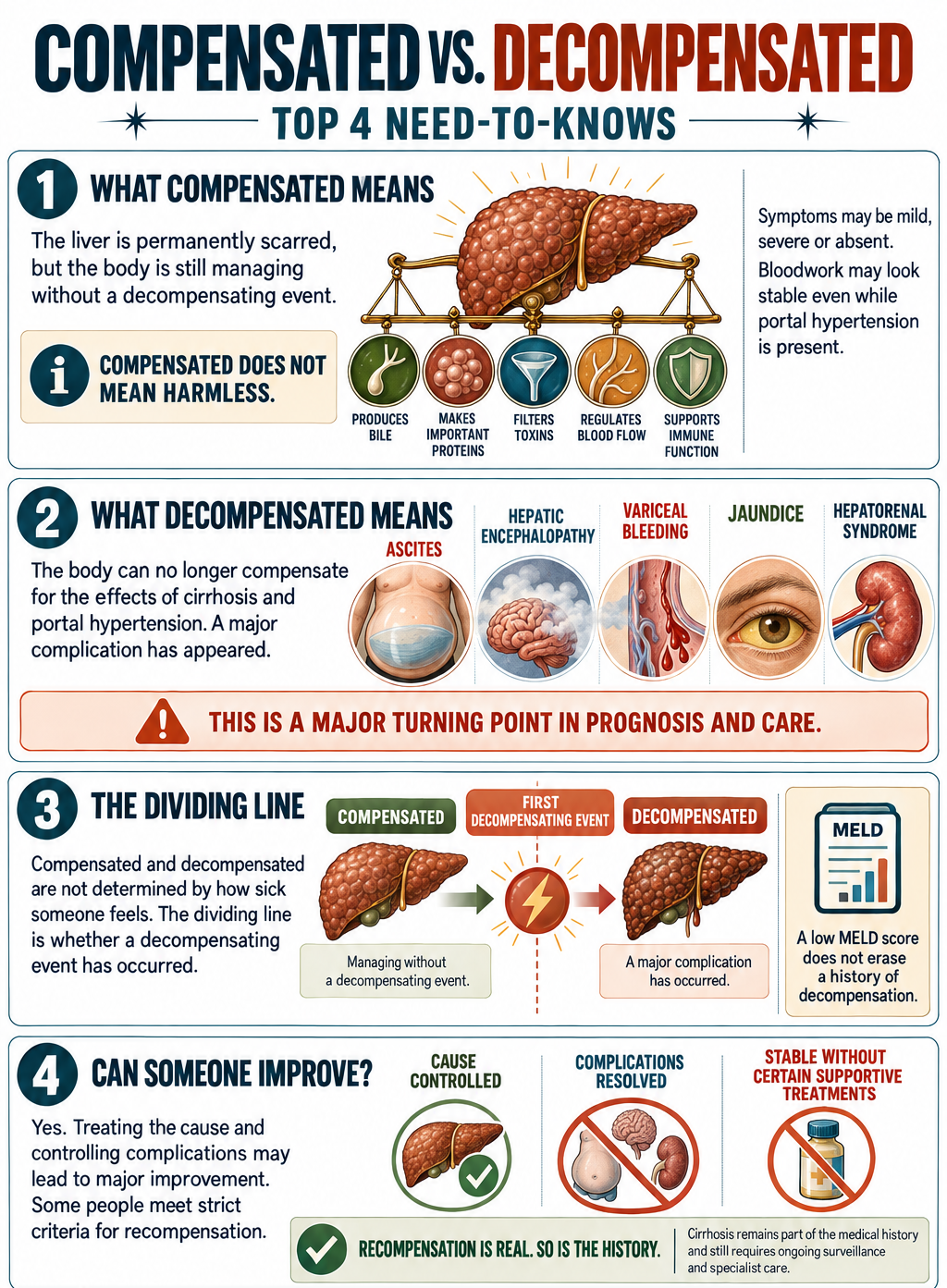 Understand compensated vs decompensated cirrhosis, the complications that mark decompensation, MELD score limitations, and whether recompensation is possible.