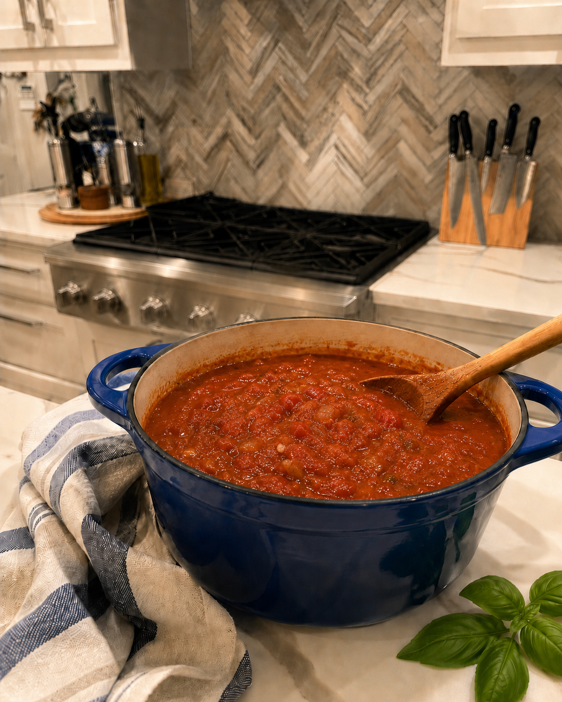 A rich, fully cooked pot of brick-red low-sodium cirrhosis-safe marinara sauce finished with freshly torn basil leaves, approved by the Red Sauce Society on diagnosisofcirrhosis.com.