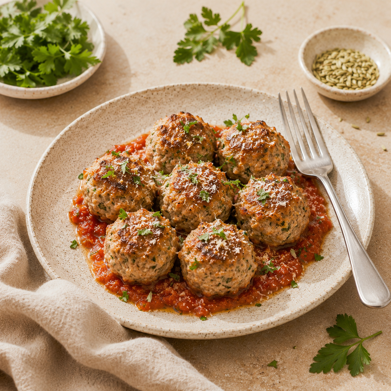 A serving of fully cooked, juicy, high-protein cirrhosis-friendly Italian "sausage" meatballs made with ground poultry, whole fennel, and Swiss cheese, published on diagnosisofcirrhosis.com by Angie from the @diagnosis_cirrhosis TikTok channel.