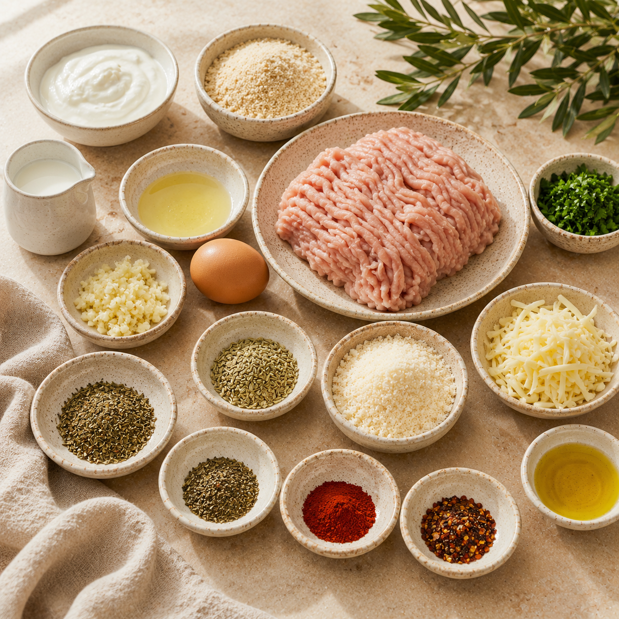 Fresh ingredients for Angie's cirrhosis-friendly sausage-style meatballs from the @diagnosis_cirrhosis TikTok page, featuring ground poultry, whole fennel seeds, garlic cloves, fresh Italian parsley, and Swiss cheese.