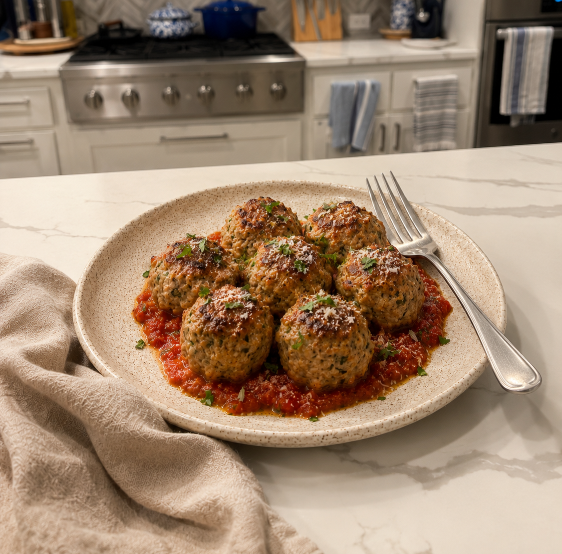 A serving of fully cooked, juicy, high-protein cirrhosis-friendly poultry meatballs packed with savory fennel and melted Swiss cheese, published on diagnosisofcirrhosis.com by Angie from @diagnosis_cirrhosis.
