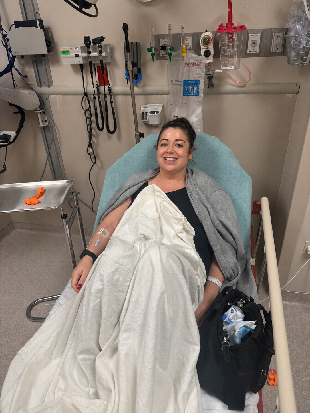 Angie from @diagnosis_cirrhosis on TikTok waits for a CT scan in the ER to check for blood clots