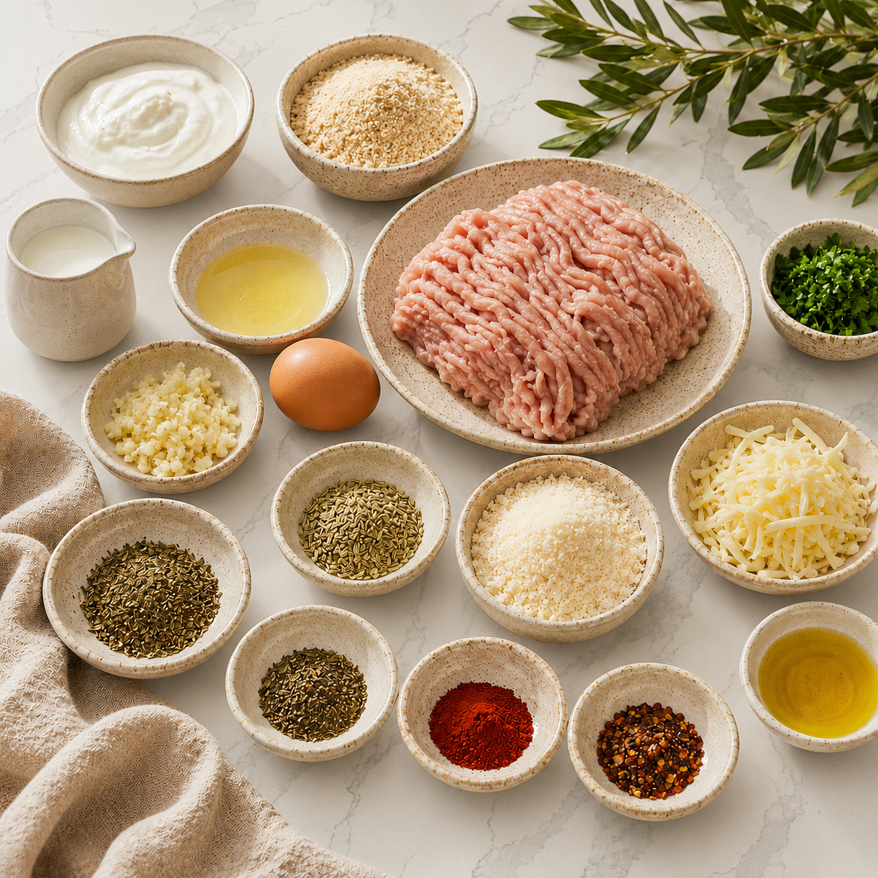 Fresh raw ingredients for Angie's high-protein cirrhosis-friendly "sausage" meatball recipe from @diagnosis_cirrhosis, featuring ground poultry, whole fennel seeds, fresh garlic, Italian parsley, and shredded Swiss cheese.