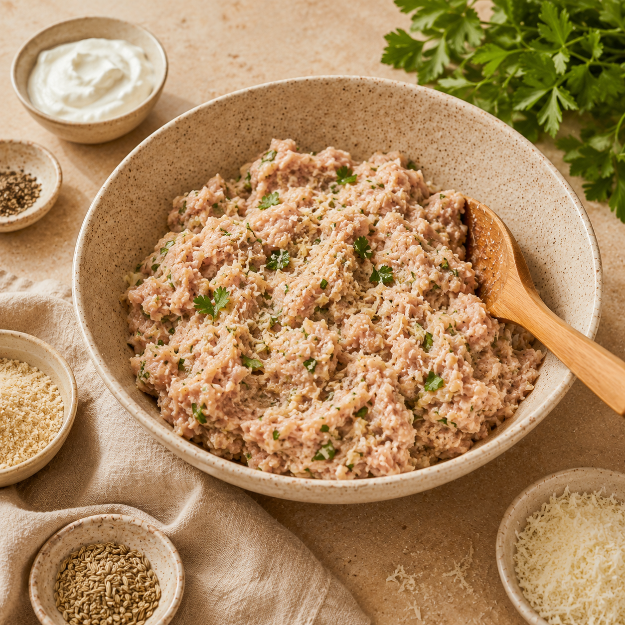 Lean ground poultry and high-protein Greek yogurt binder being gently folded into a vibrant herb and fennel seed sausage-flavor paste on diagnosisofcirrhosis.com.
