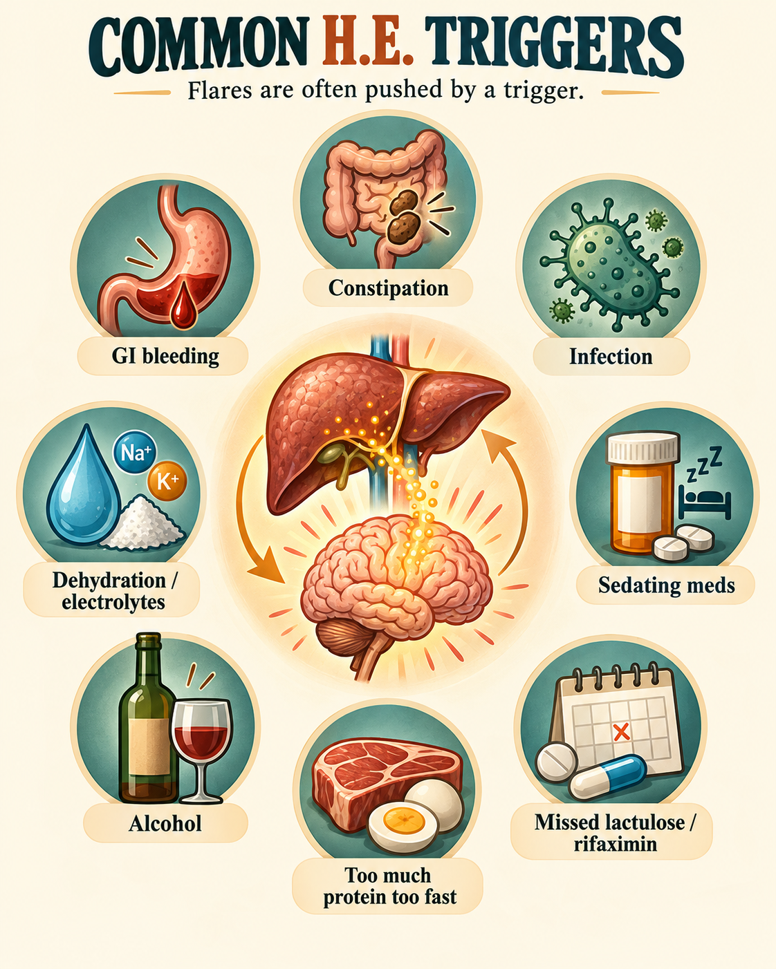 An educational infographic charting the main triggers of an HE flare, explicitly pointing to constipation, gastrointestinal bleeding, infections, and electrolyte imbalances.
