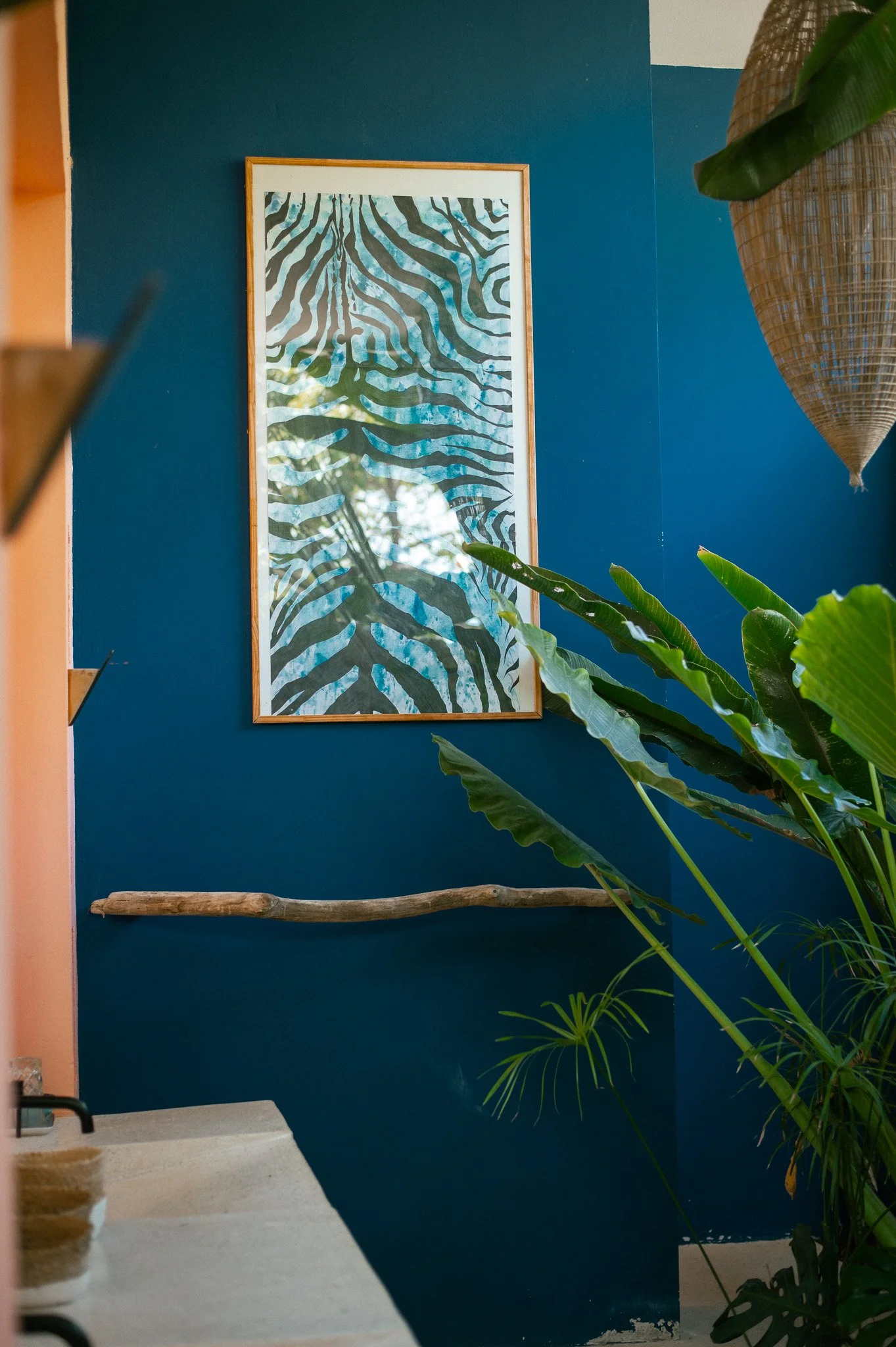 Interior of a room with a dark blue wall, a framed zebra-patterned mirror, large green tropical plants, a wooden ledge, and a beige countertop with a cup and a soap dispenser.