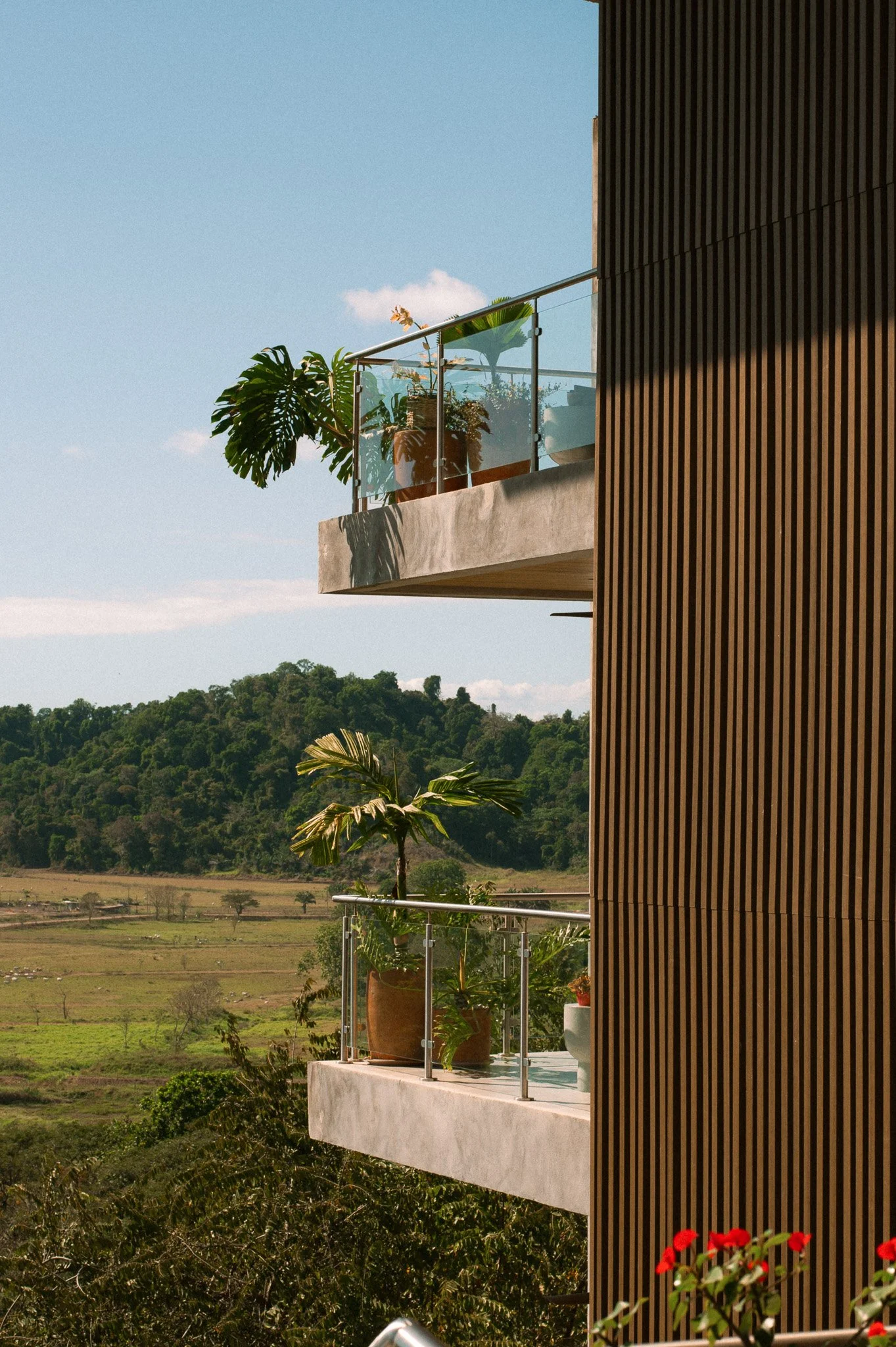 A modern balcony with potted plants and a glass railing, overlooking a lush green landscape with trees and fields