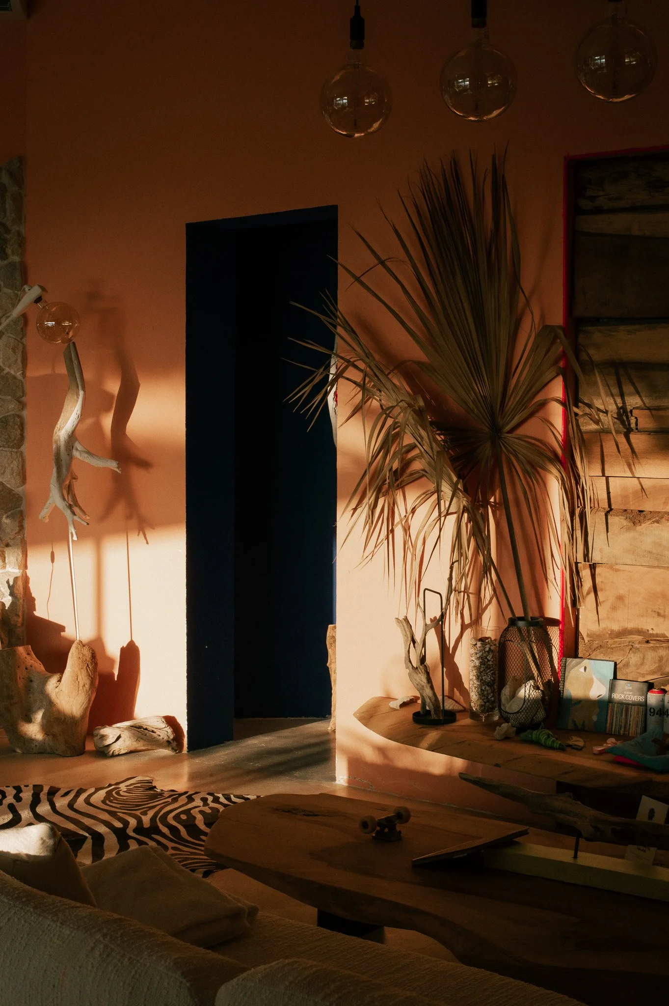 Interior of a cozy living space featuring a dark wall with hanging spherical lights, a large potted dried palm plant, a wooden table with various decor and books, a zebra-patterned rug, and a corner with stone and wood accents.