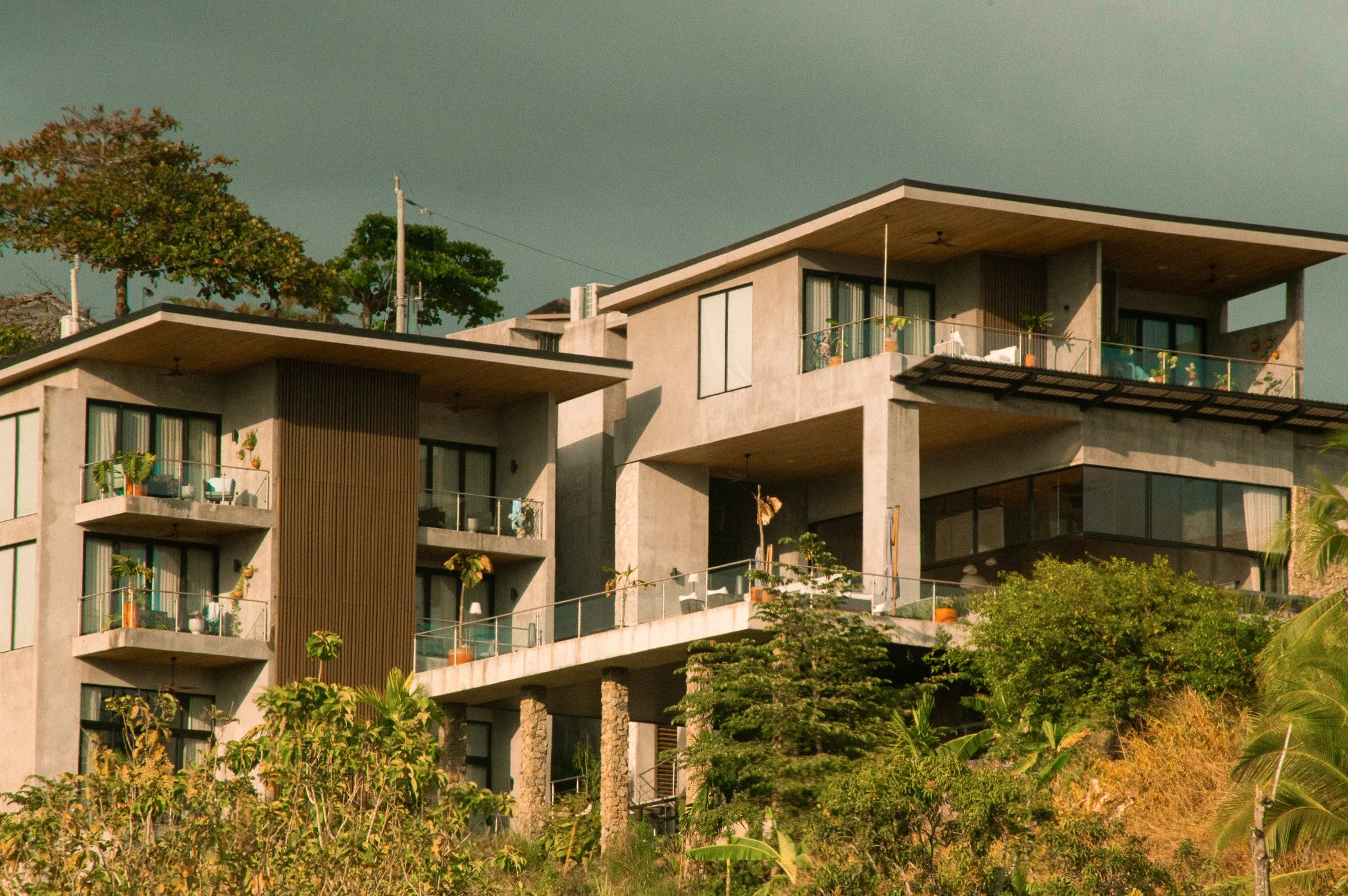 Modern multi-story concrete building with large windows and balconies surrounded by greenery, trees, and plants under a clear sky.