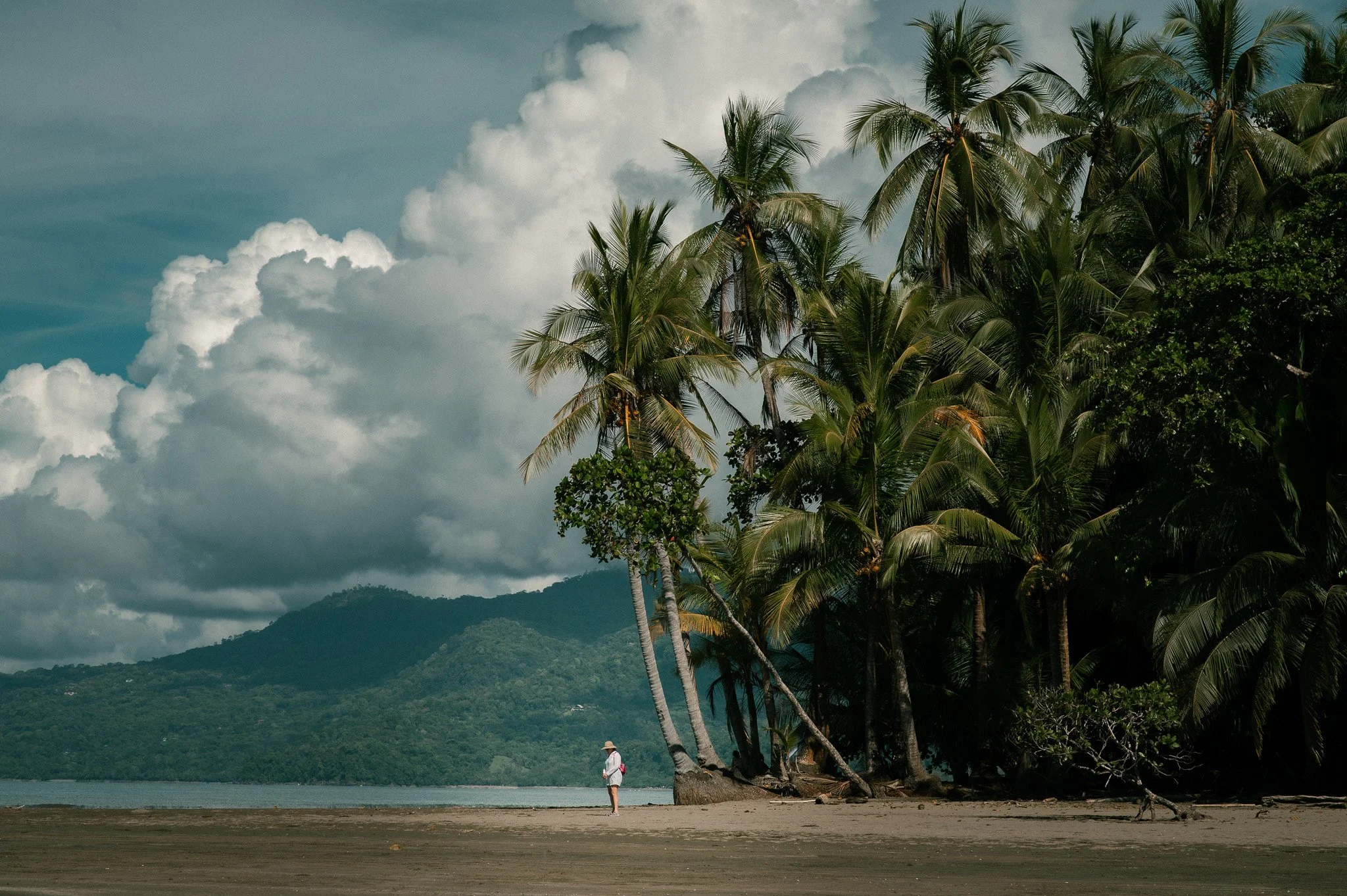 A woman stands on a sandy beach with a backdrop of lush green mountains, tall palm trees, and partly cloudy sky.