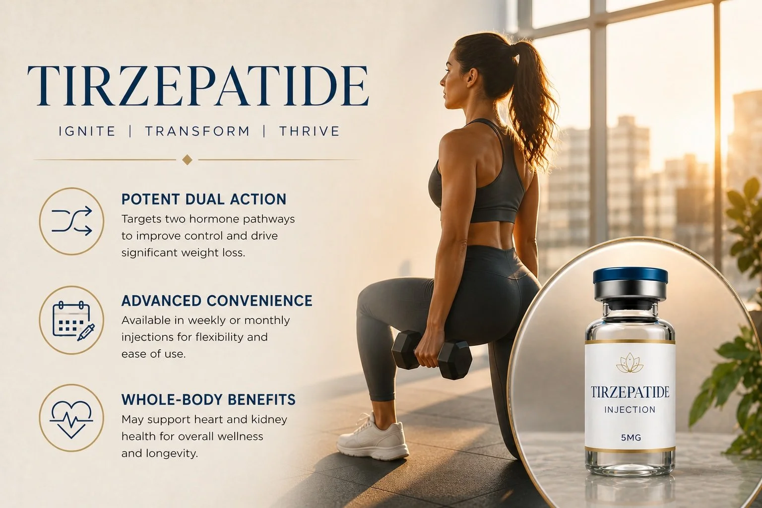 A woman exercising with a dumbbell in front of a large window, sunlight shining through, with a bottle labeled 'Tirzepatide Injection 5mg' in the foreground